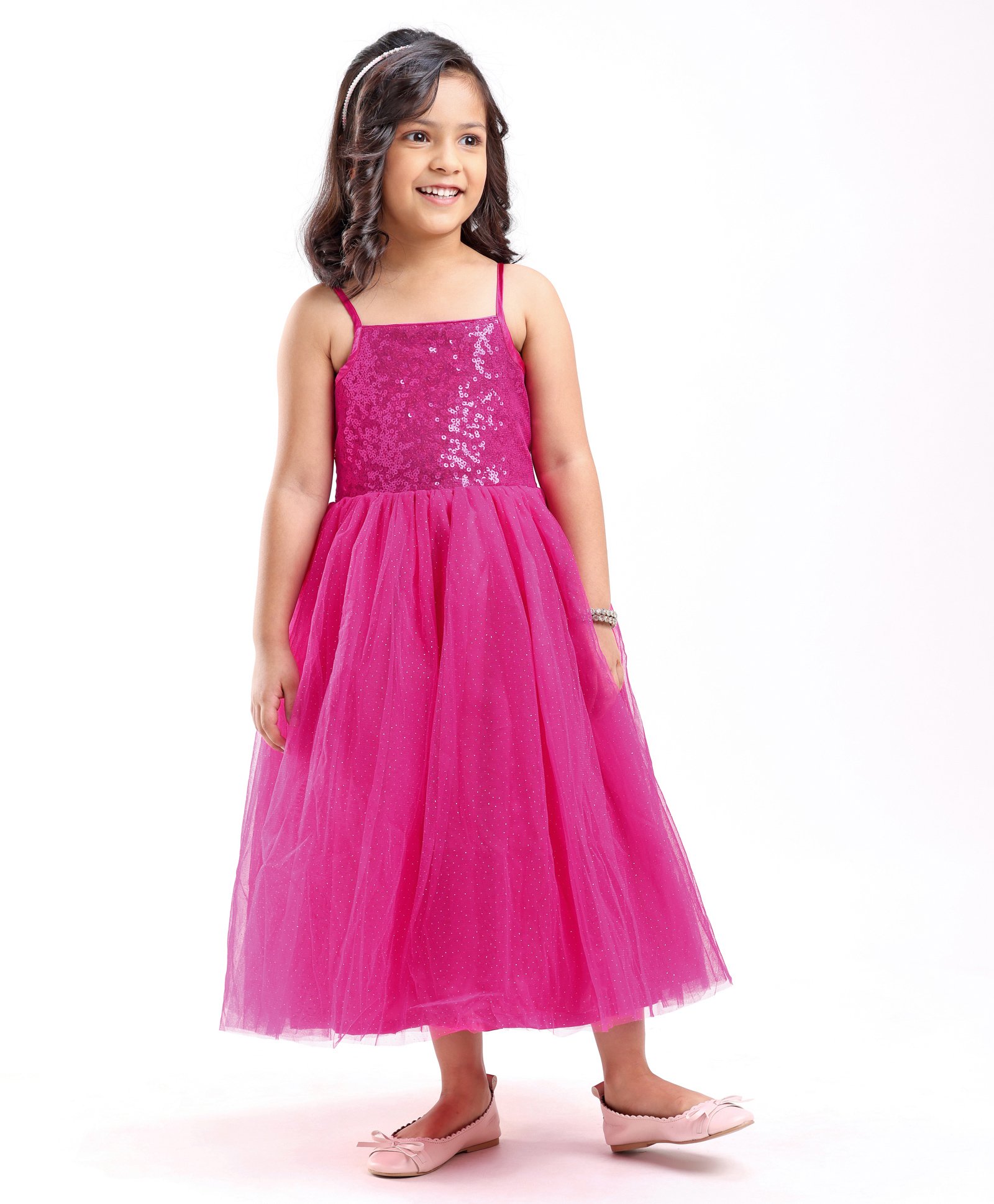 Babyhug Sleeveless Party Wear Gown with Sequin Embellished - Dark Pink-image-20