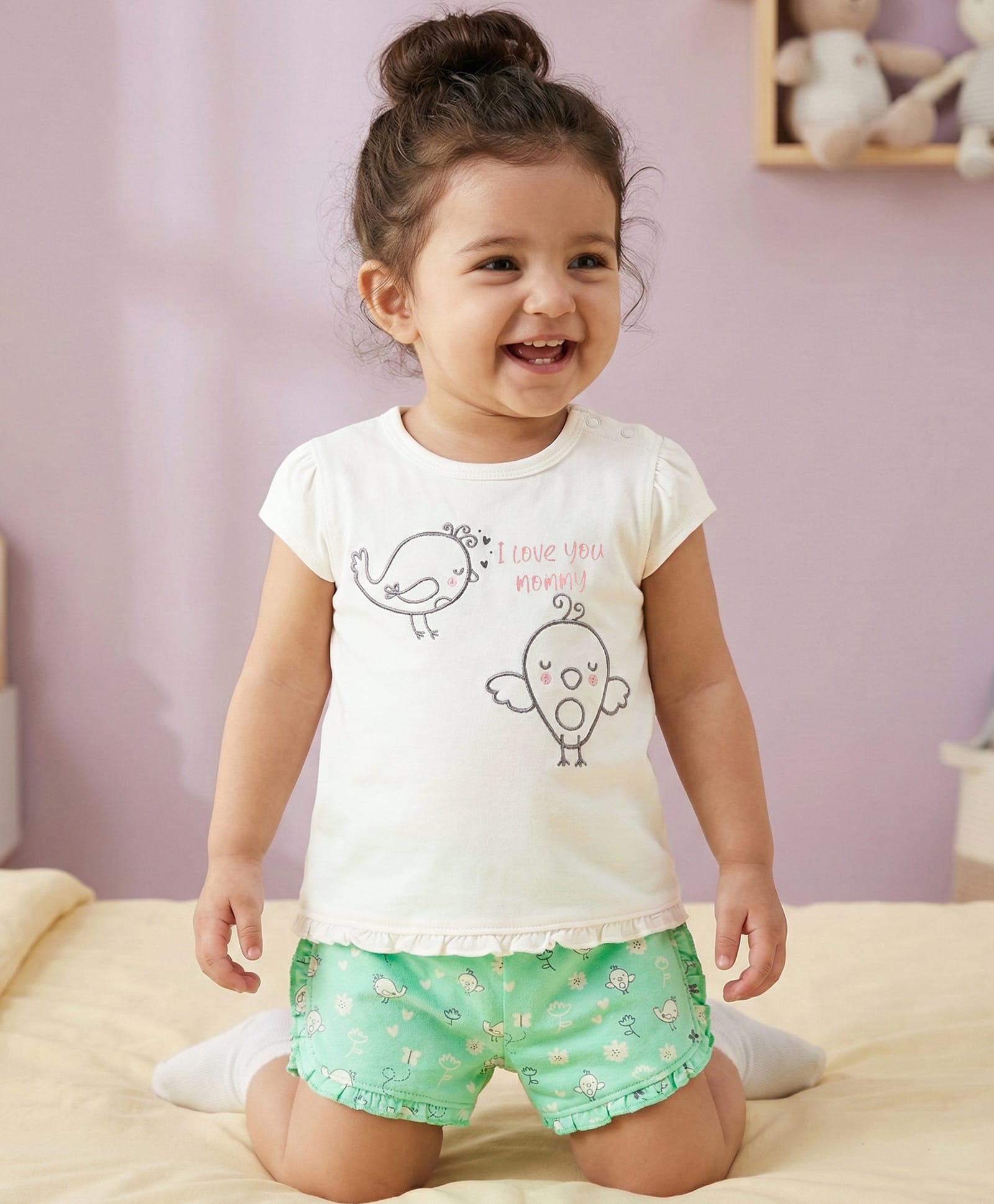 Babyoye Eco Conscious Anti Bacterial 100% Cotton Cap Sleeves Night Suit Bird Embroidery - White & Green-picture-18