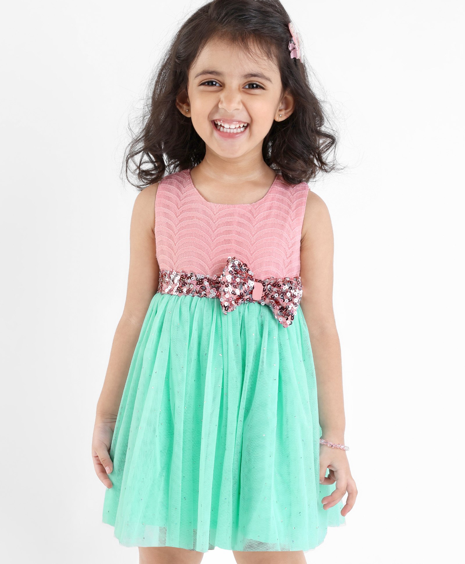 Babyhug Woven Sleeveless Textured Party Dress with Lace Yoke - Mint & Pink-image-36
