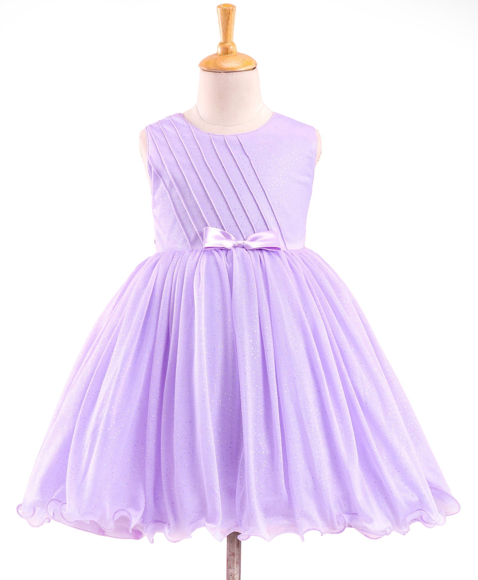 Babyhug Sleeveless Shimmery Party Wear Frock Glitter Print with Striped Textures- Lavender-image-44