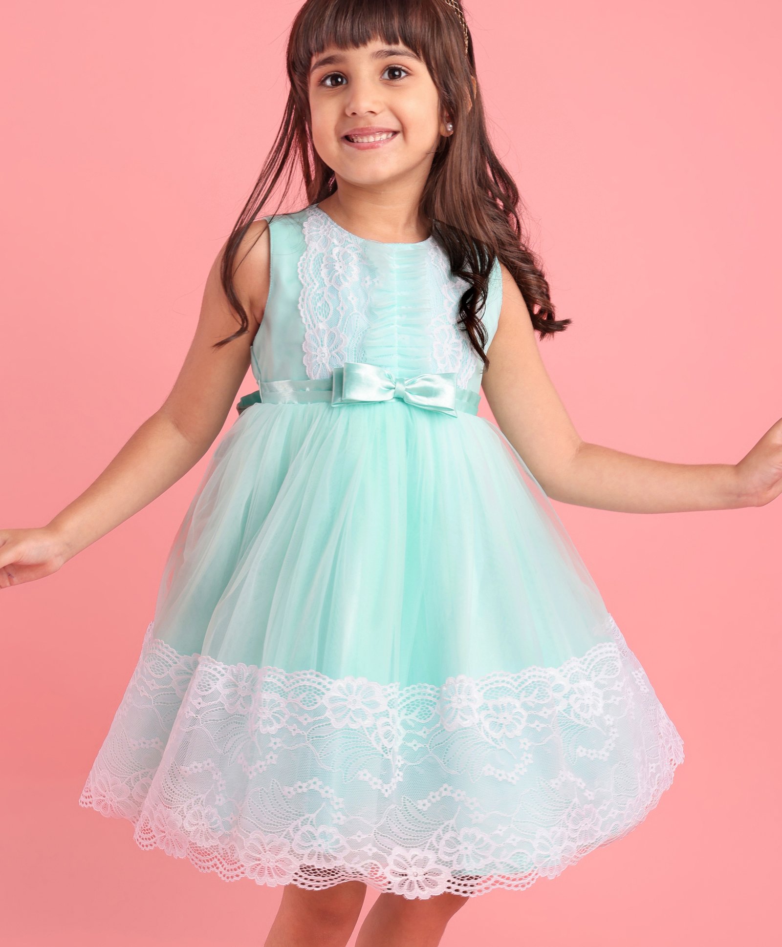Babyhug Sleeveless Party Wear Lace Frock with Bow - Mint-image-10