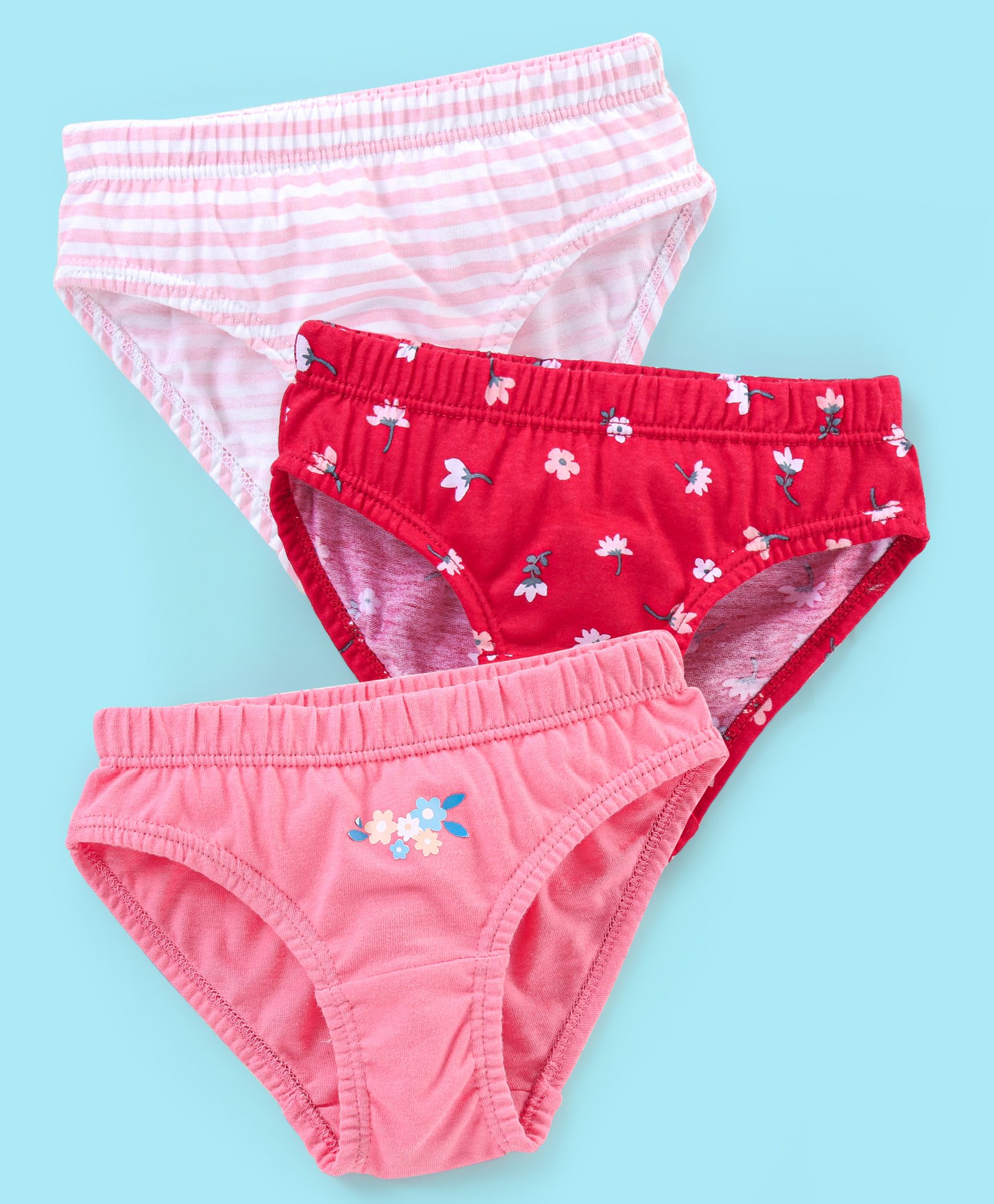 Babyhug 100% Cotton Panties Stripes & Floral Print Pack of 3- Pink & Red-image-37