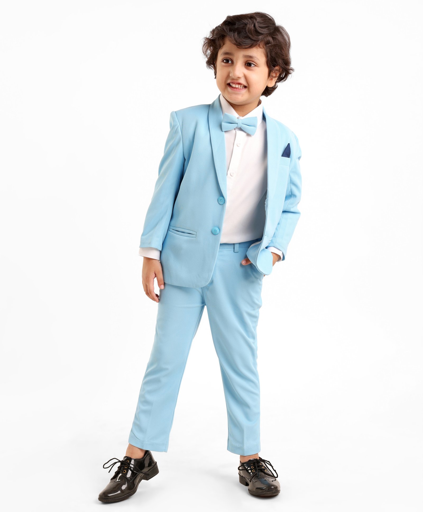 Babyhug Full Sleeves Classic Stretch Fit Party Suit Bow - Blue & White-image-3