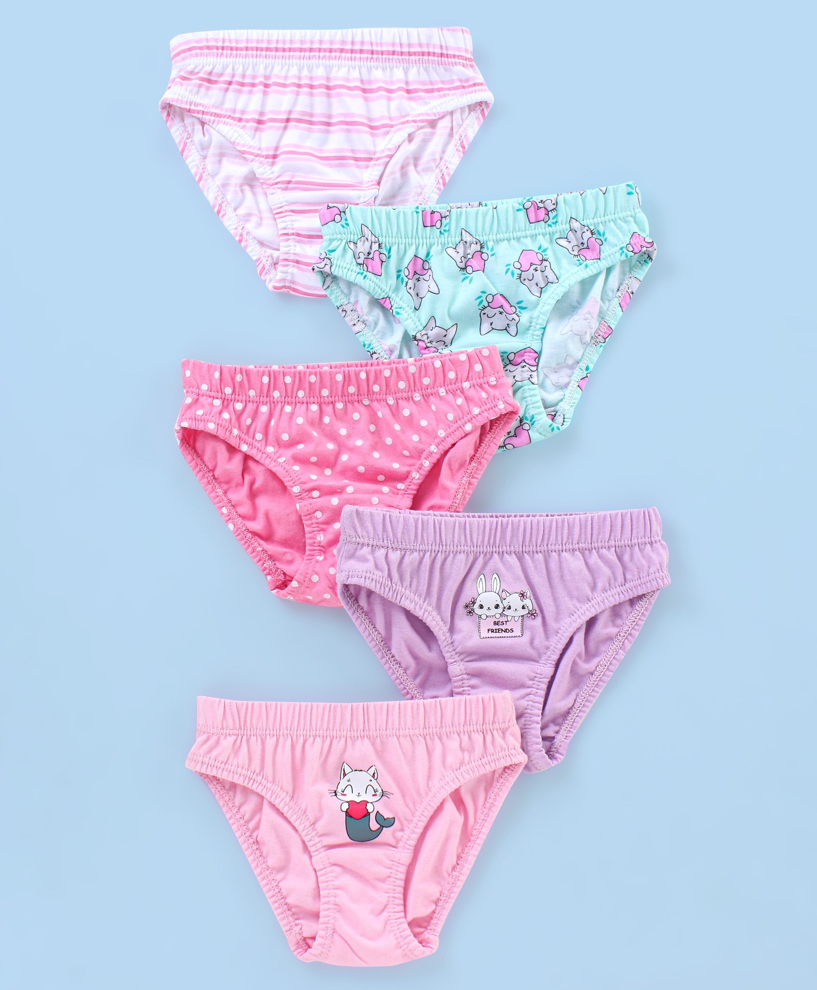 Babyhug 100% Cotton Kitty Print Panties Pack of 5 - Pink Blue & Purple-image-49