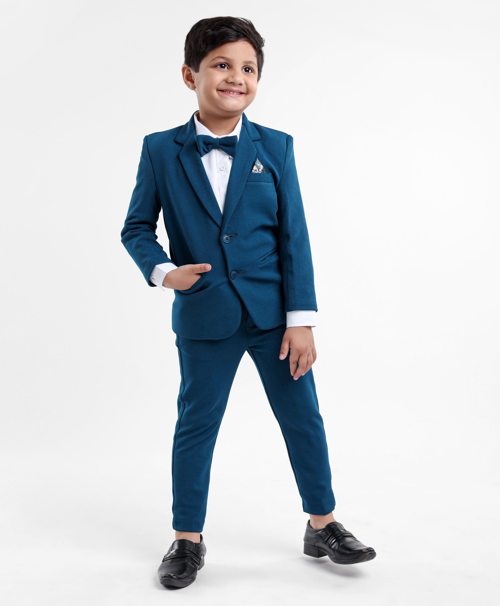Babyhug Full Sleeves Stretch Fit Party Suit with Bow - Teal Blue-image-38