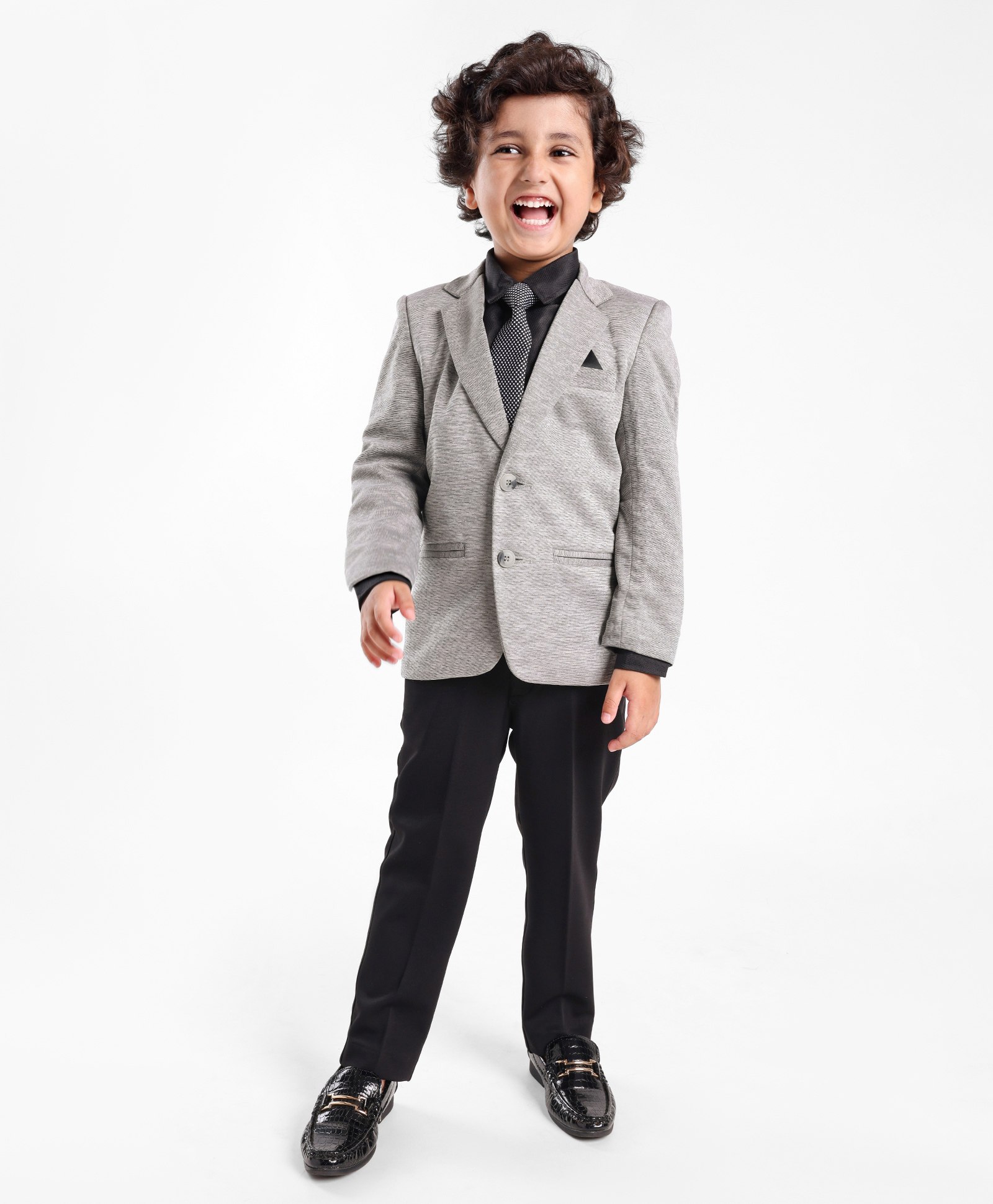 Babyhug Full Sleeves Four Way Stretch Fit Textured Party Suit With Blazer & Tie- Grey-image-3