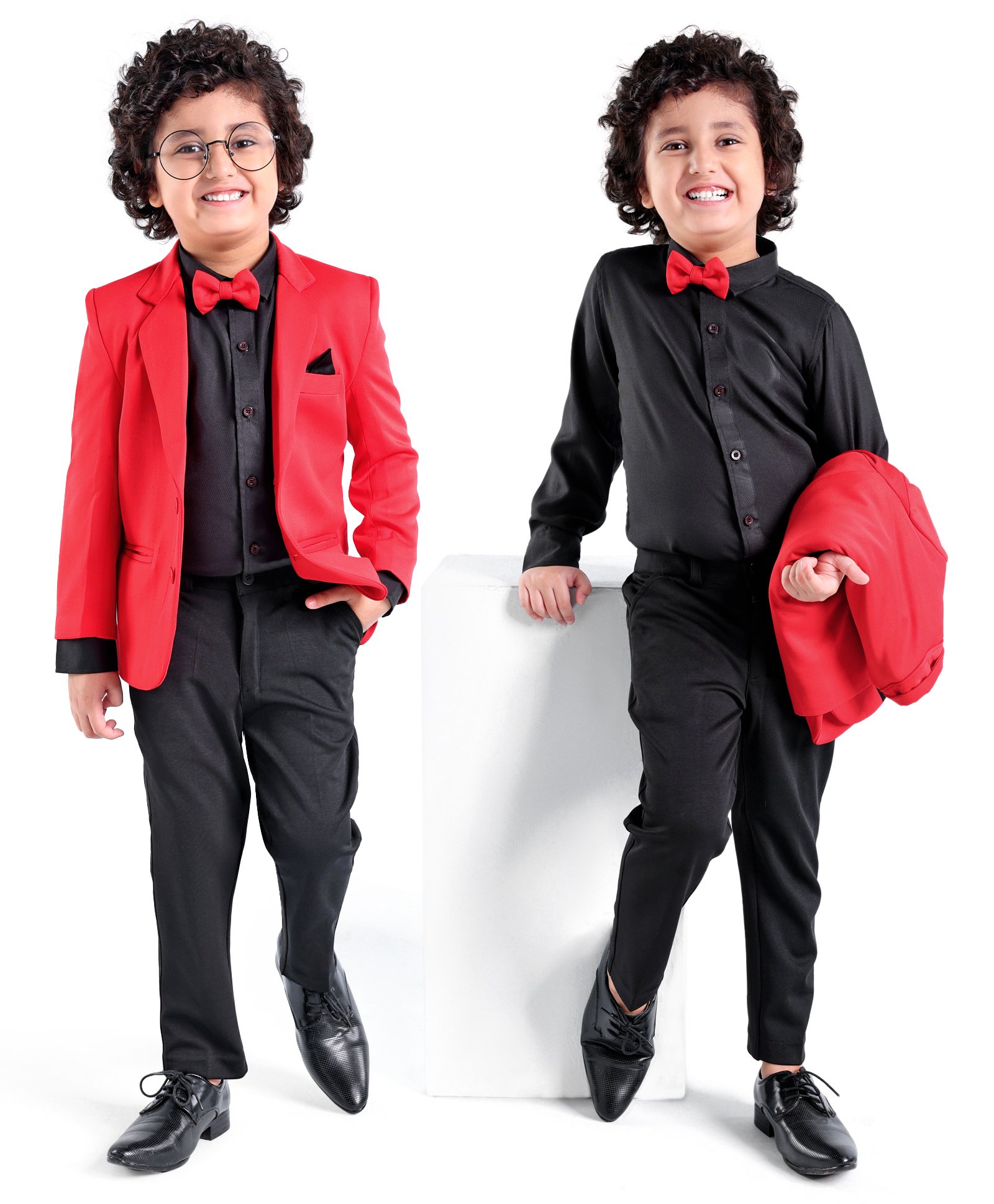 Babyhug Full Sleeves Stretch Fit Party Suit Bow - Red & Black-image-10
