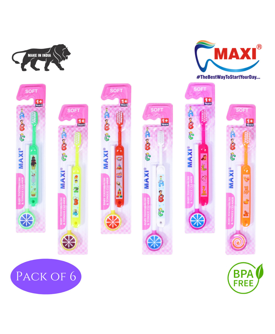 MAXI ABC Baby Toothbrush and Tongue Cleaner-Oral Hygiene Kit Pack of 6 - Multicolour-image-7