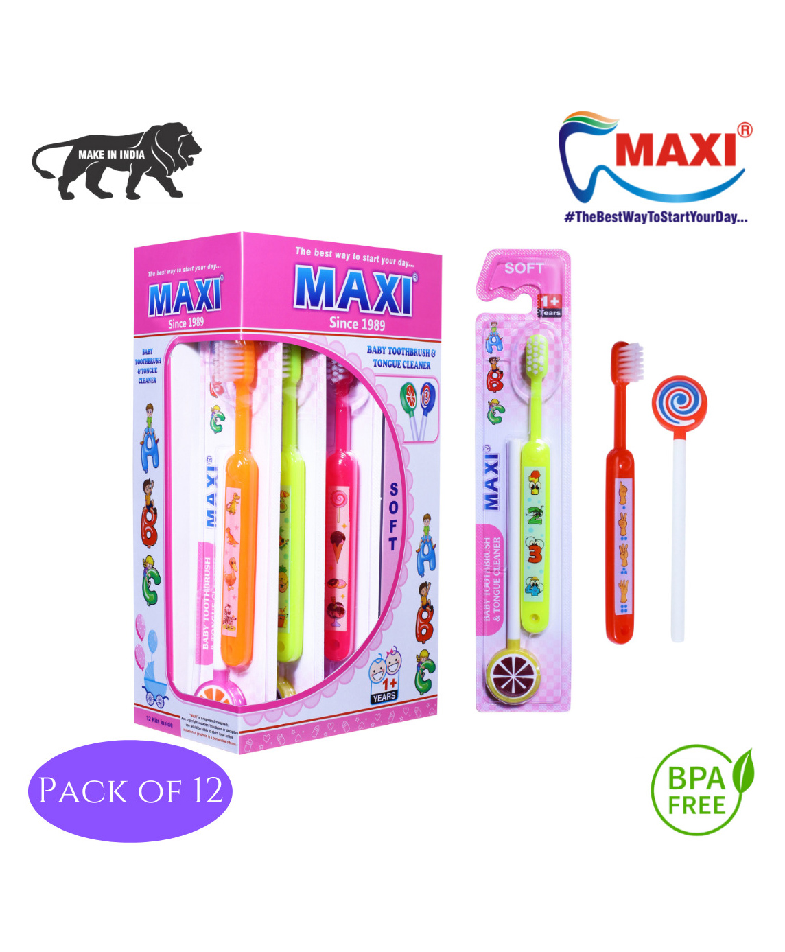 MAXI ABC Baby Toothbrush and Tongue Cleaner-Oral Hygiene Kit Pack of 12 - Multicolour-image-29