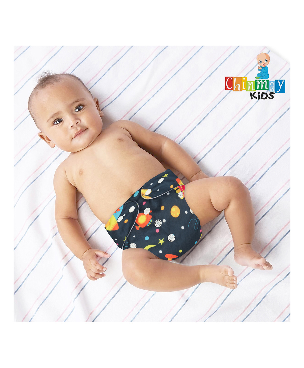 Chinmay Kids  Freesize Reusable Washable Adjustable Snap Buttons Cloth Diaper For Babies With Wet Free Insert Pads Leak Proof & Dry Feel-  Dark Blue Space-image-3