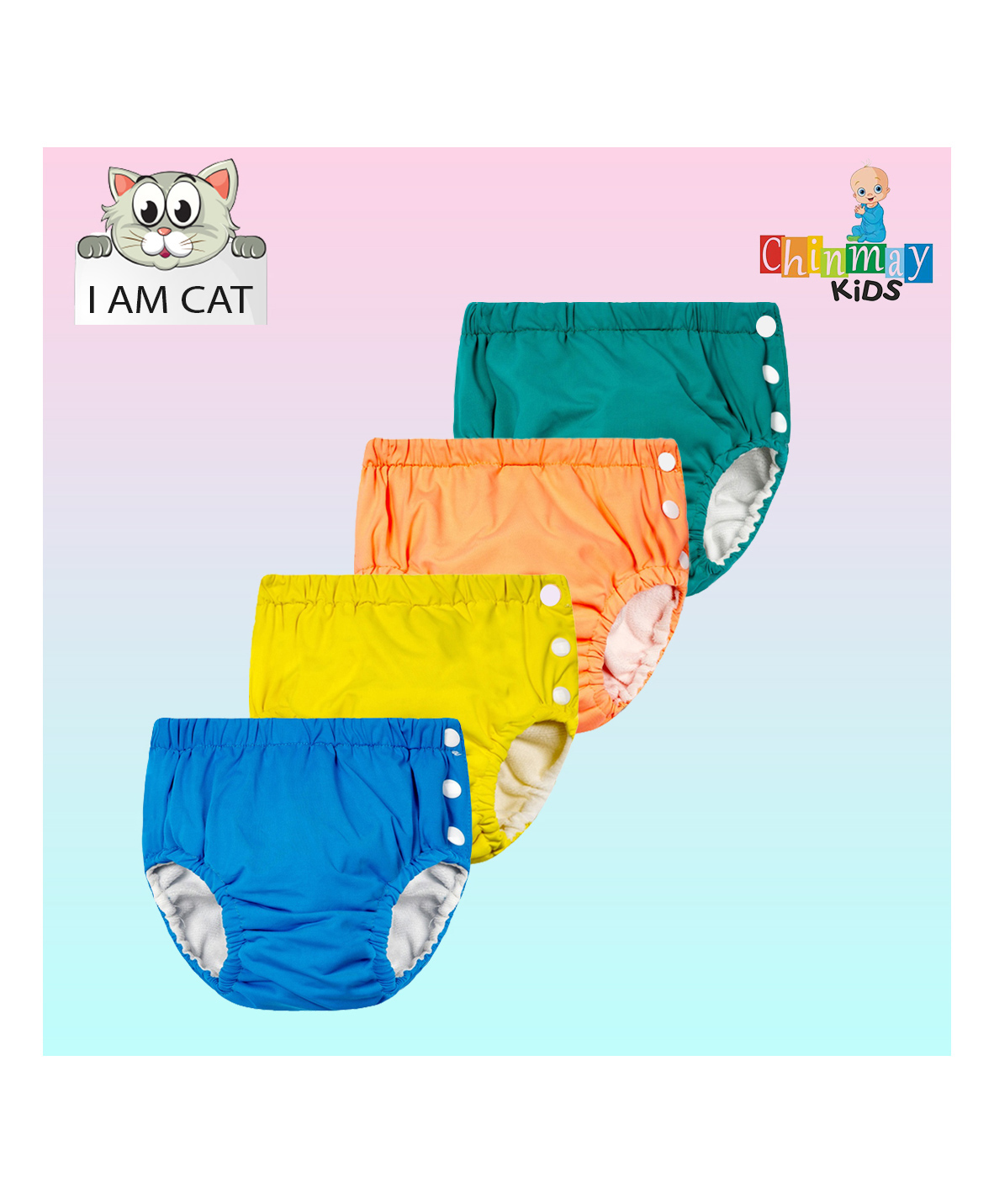 Chinmay Kids Reusable Swimwear Diaper Pants Set Of 4 - Blue Yellow Orange & Green