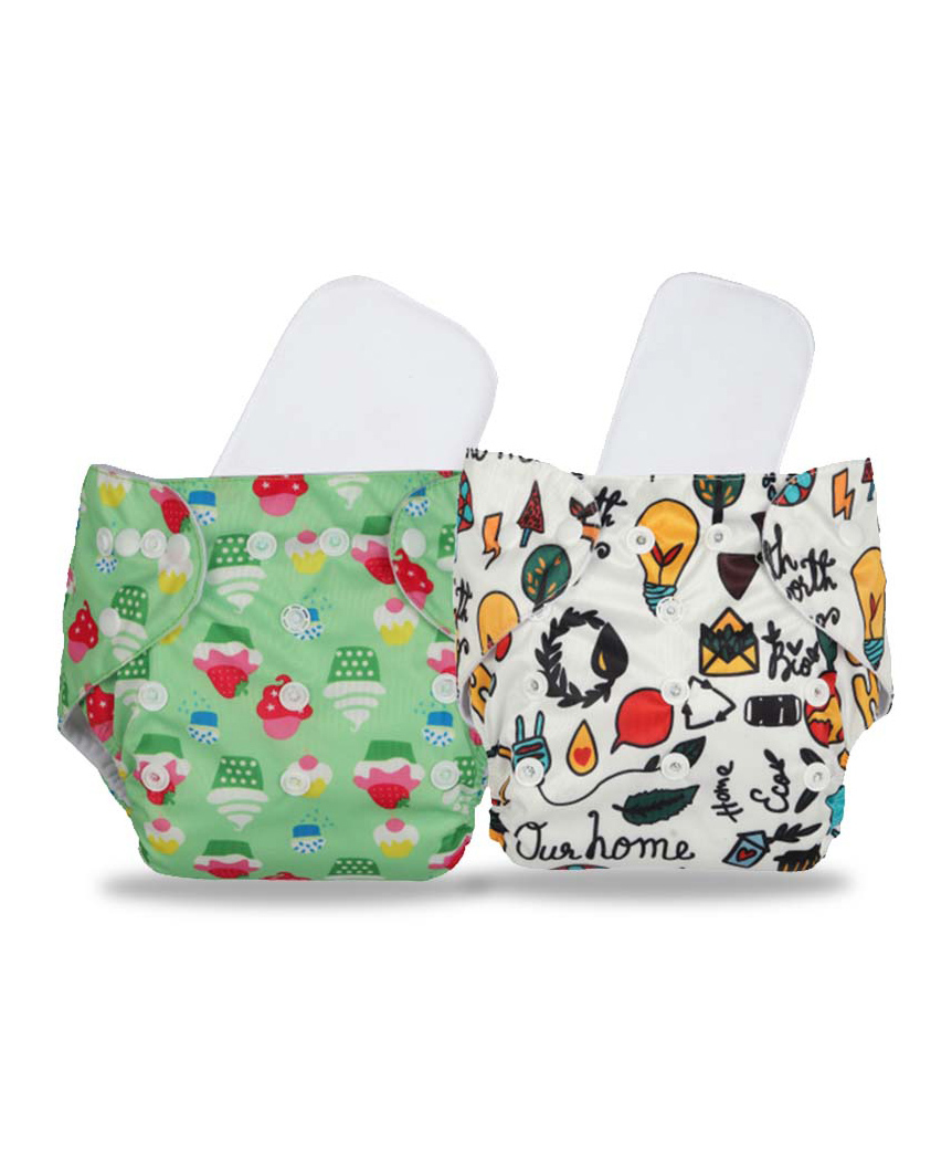 Chinmay Kids  Freesize Reusable Washable Adjustable Snap Buttons Cloth Diaper For Babies With Wet Free Insert Pads Leak Proof & Dry Feel Pack of 2- White Green-image-20