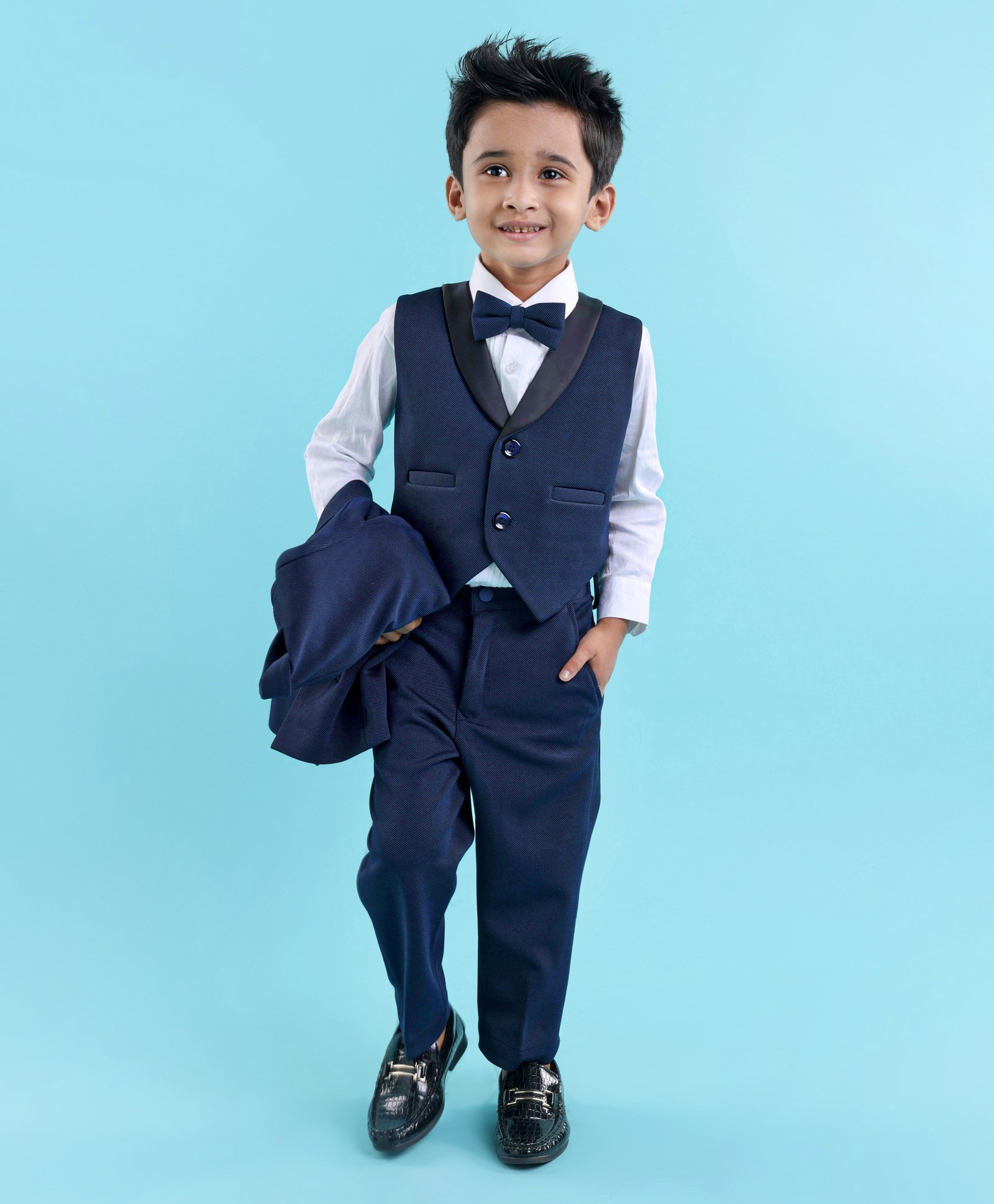 Robo Fry Full Sleeves Solid Party Suits with Waistcoat & Bow Tie - Blue-picture-19