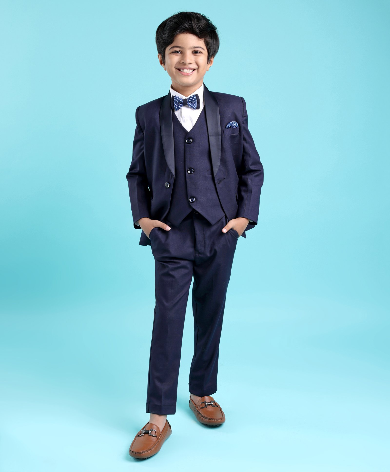 Robo Fry Cotton Full Sleeves Solid Party Suit With Blazer & Bow- Blue-picture-23