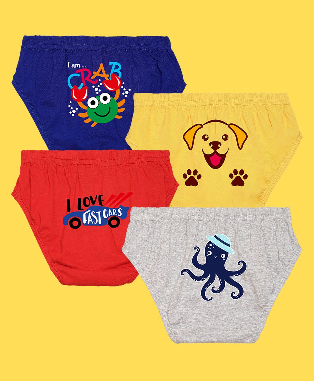 NUSYL Pack Of 4 Dog And Octopus Printed Briefs - Royal Blue Yellow Red Grey-image-3