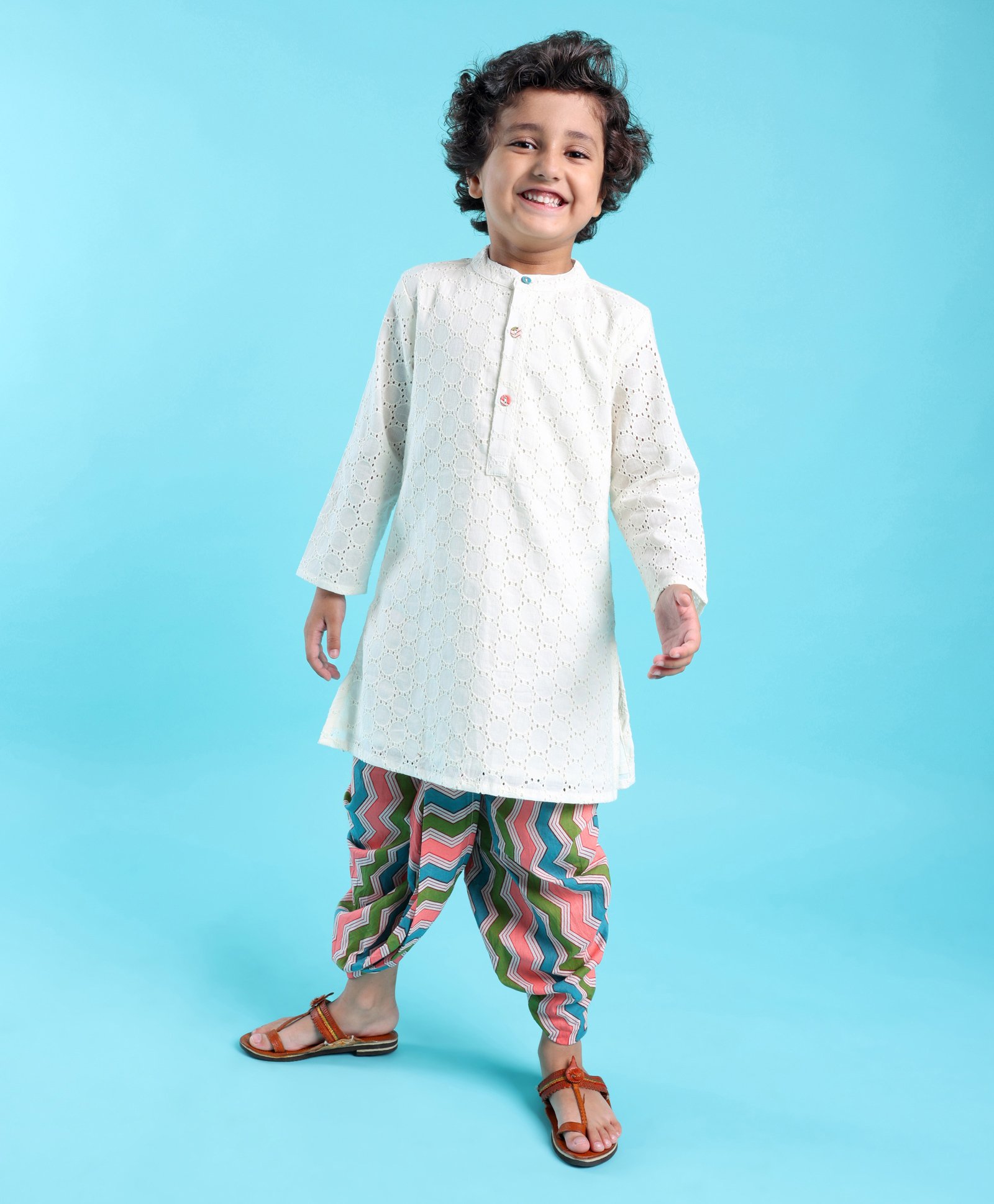 Babyhug 100% Cotton Woven Full Sleeves Schiffli Embroidered Kurta and Chevron Printed Dhoti Set - White-picture-26