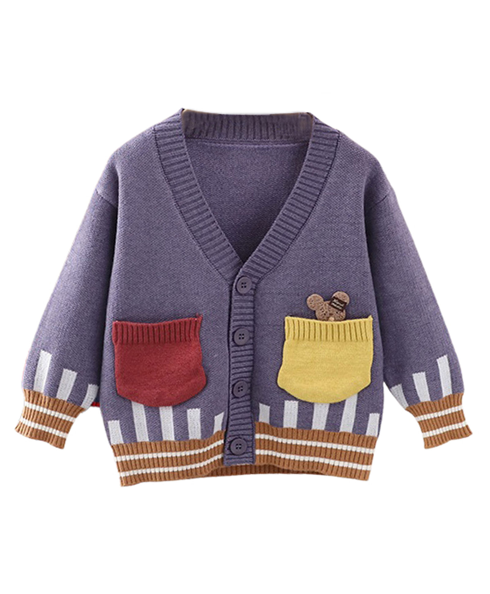 Little Surprise Box Full Sleeves Bars Design Pocketed Cardigan Sweater - Violet-image-27