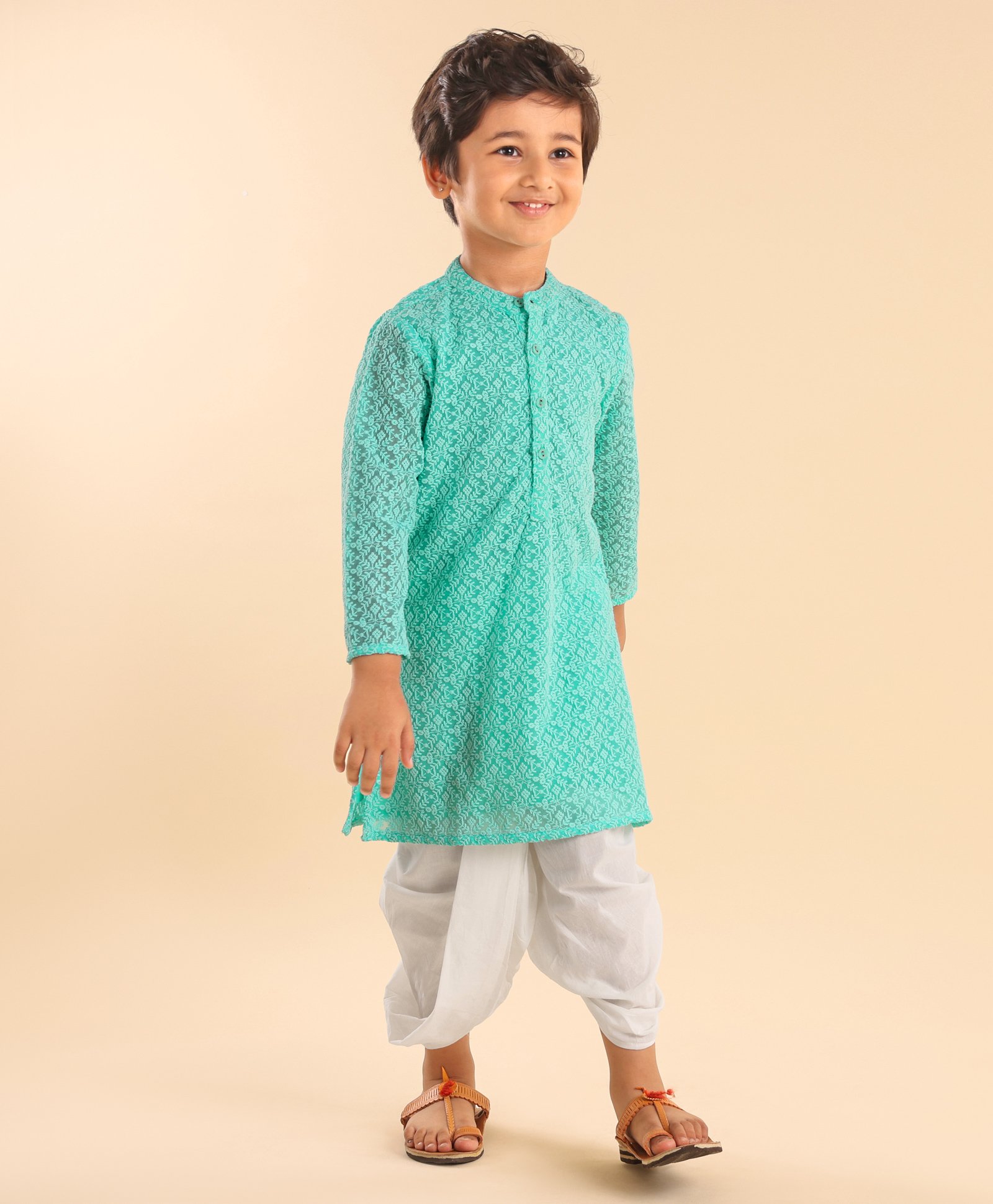 Babyhug 100% Cotton Full Sleeves Kurta & Dhoti Set Floral Embroidery- Mint Green-picture-26