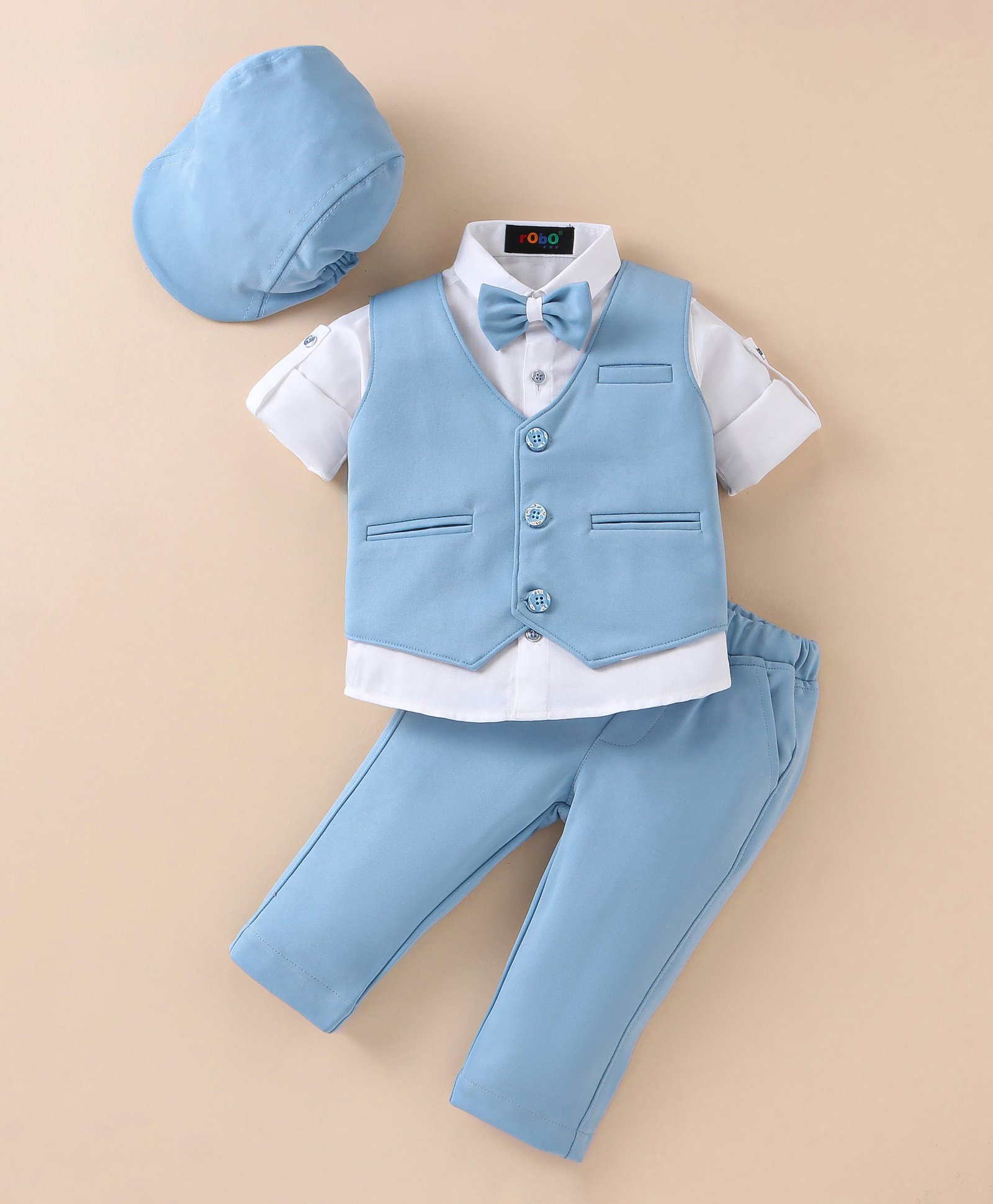 Robo Fry Cotton Full Sleeves Striped Party Suit With Bow & Hat- Blue-picture-17