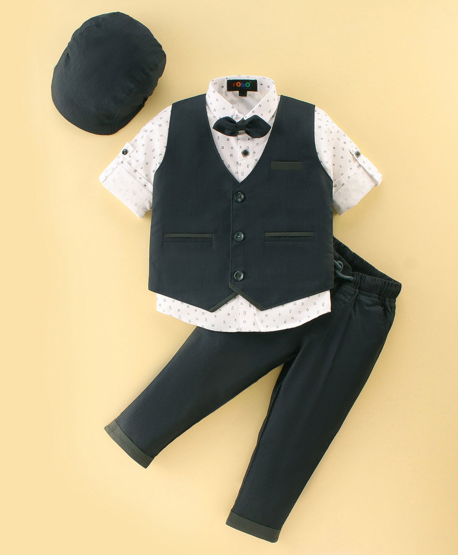 Robo Fry Cotton 3 Piece Party Suit With Bow & Hat- Green-image-24