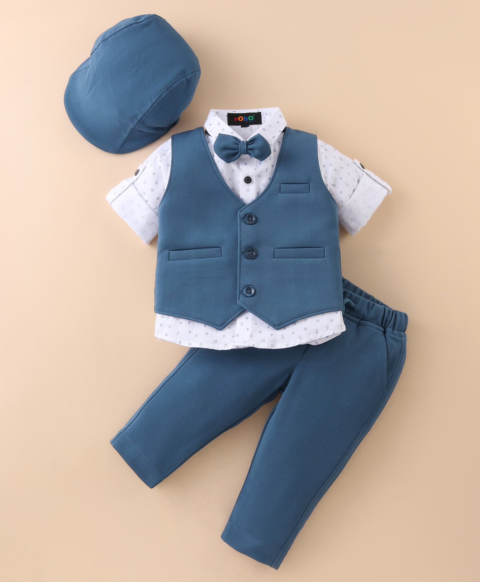 Robo Fry Cotton Lycra Full Sleeves Party Suit with Bow & Cap Heart Printed - Blue-picture-10