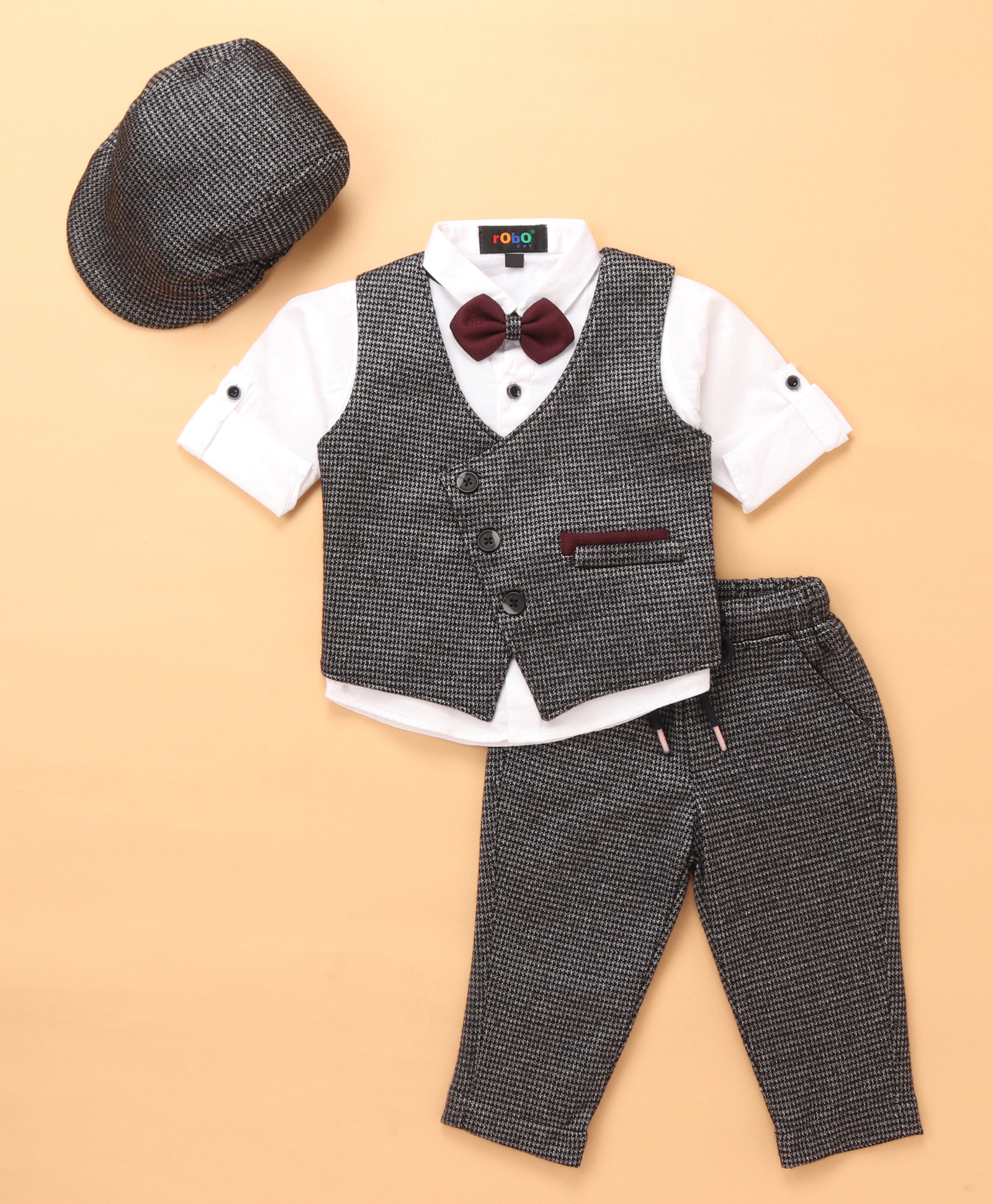 Robo Fry Cotton Full Sleeves Checkered Party Suit With Bow & Hat- Grey-image-48