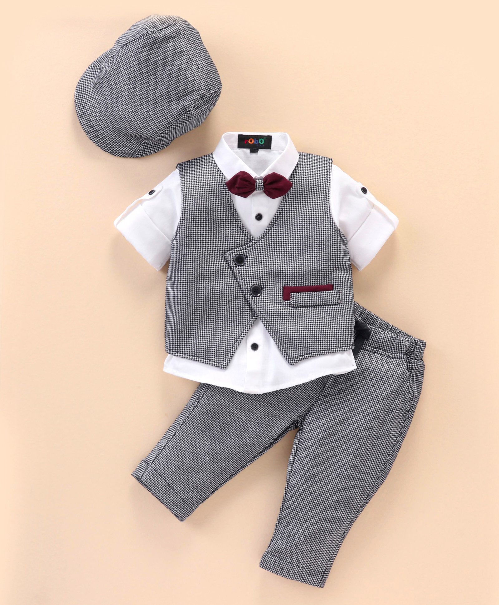 Robo Fry Cotton Full Sleeves Checkered Party Suit With Bow & Hat- Grey