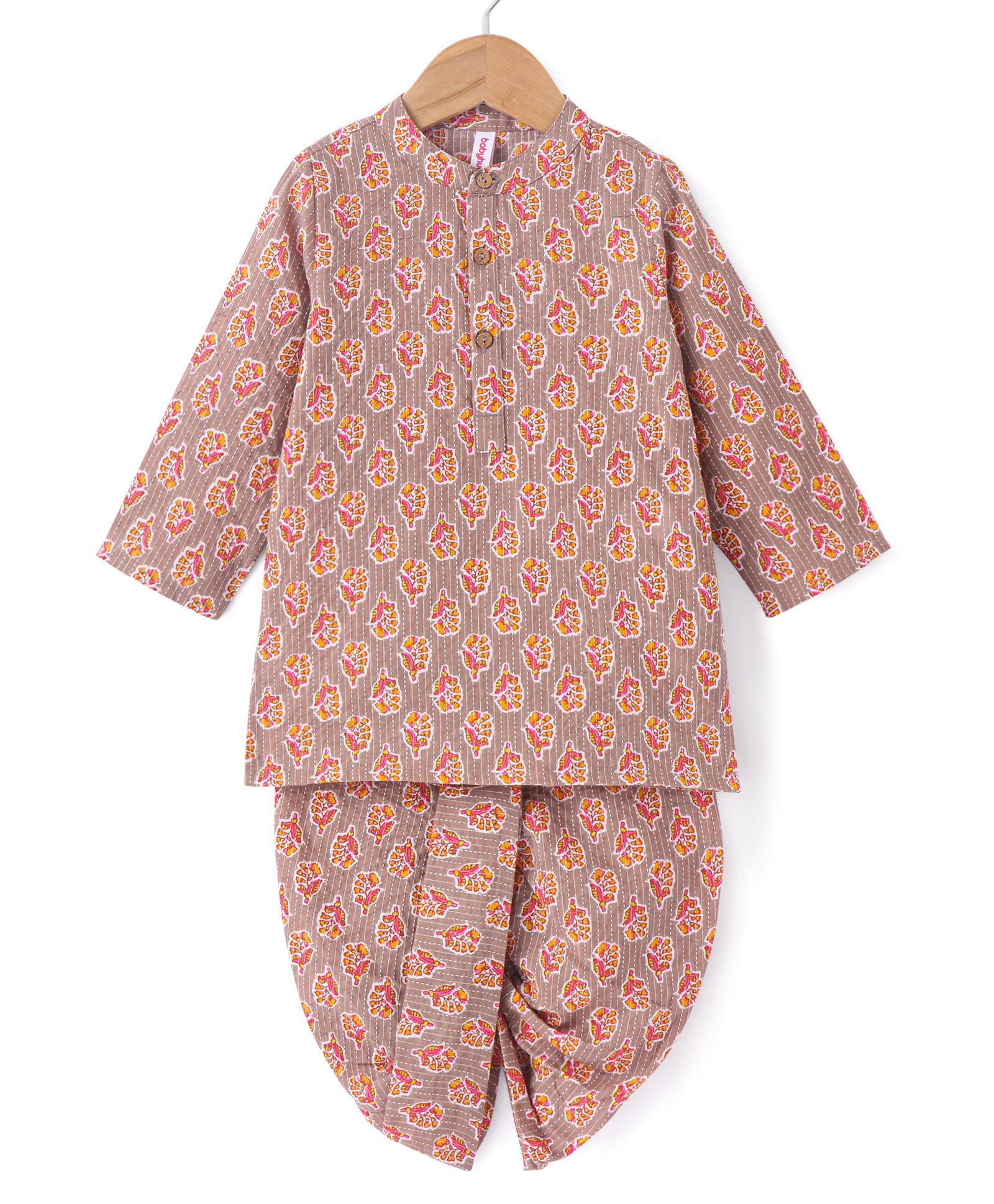 Babyhug 100% Cotton Full Sleeves Dobby Printed Kurta with Printed Dhoti Set - Beige-picture-19