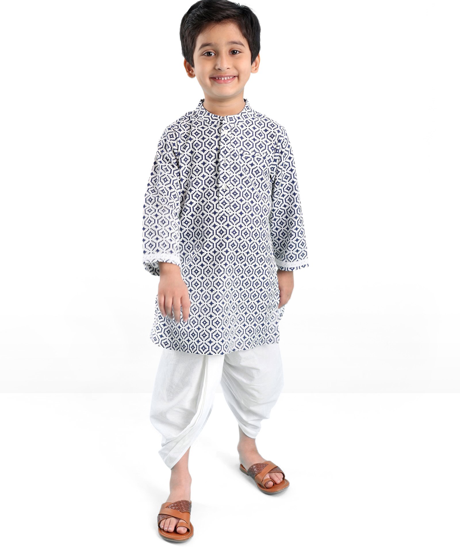 Babyhug 100% Cambric Full Sleeve Printed Kurta With Solid Dhoti Set - Blue & White-picture-36