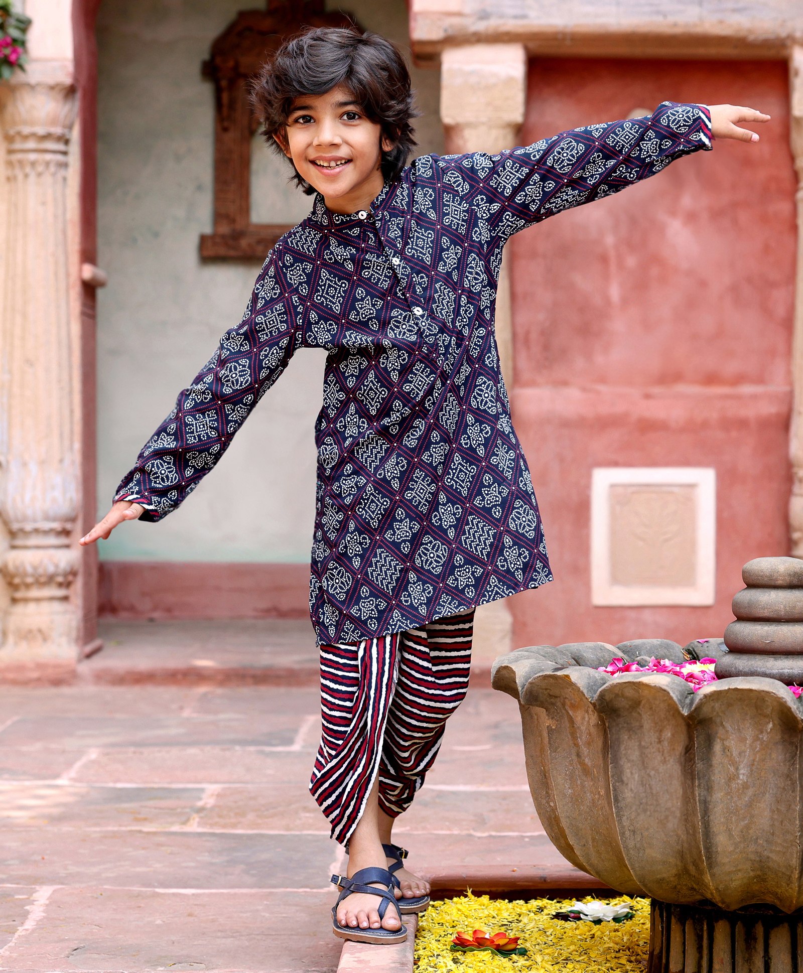 Babyhug 100% Cotton Full Sleeves Kurta & Dhoti Set Ethnic Print - Blue-picture-18