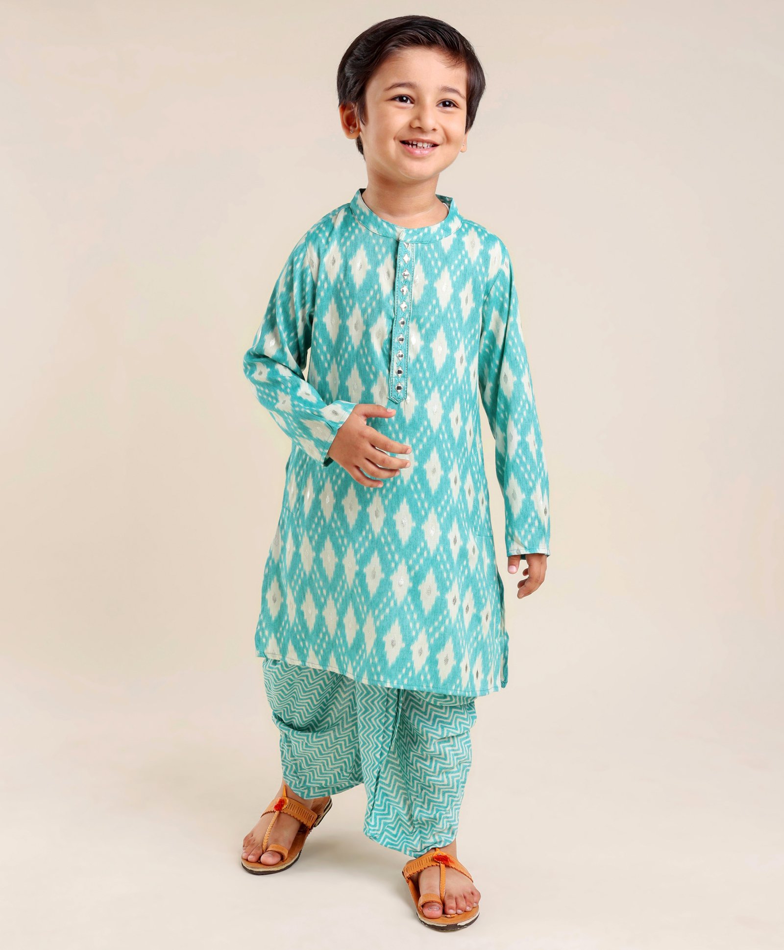 Babyhug Woven Full Sleeves Kurta & Dhoti Set Printed - Blue-image-4