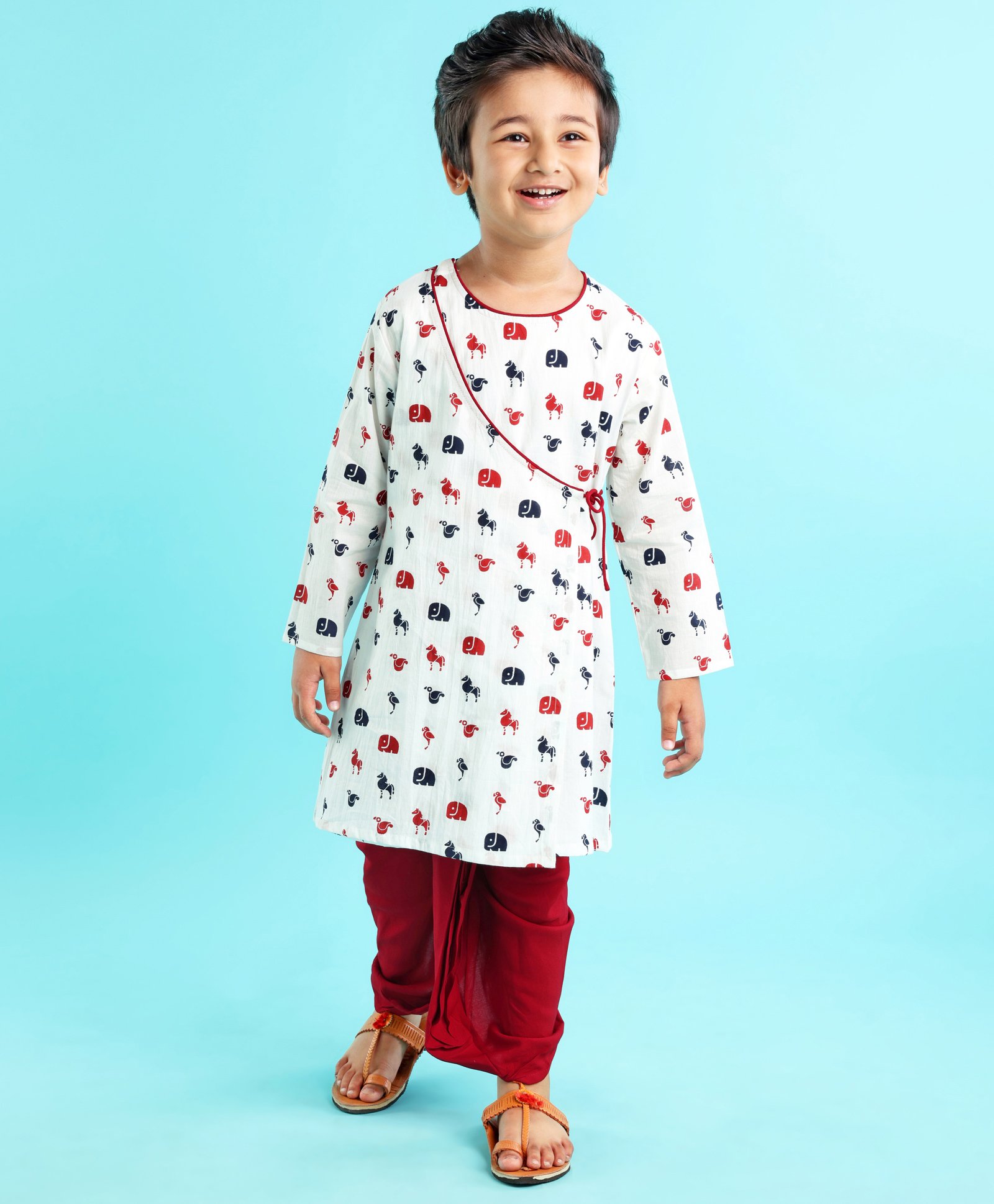 Babyoye 100% Cotton Full Sleeves Kurta & Dhoti Set Elephant & Horse Print - White & Maroon-image-8