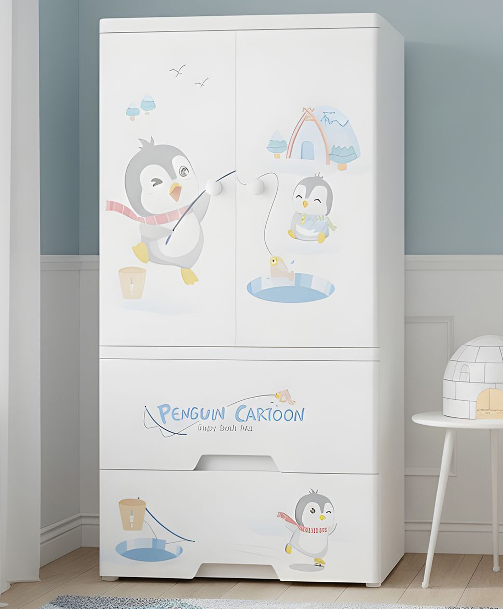 POLKA TOTS Collapsible Plastic Almirah Wardrobe 4 Smart Storage Closest Organizer Shelf Cabinet Rack - Cute Penguin  White-picture-20