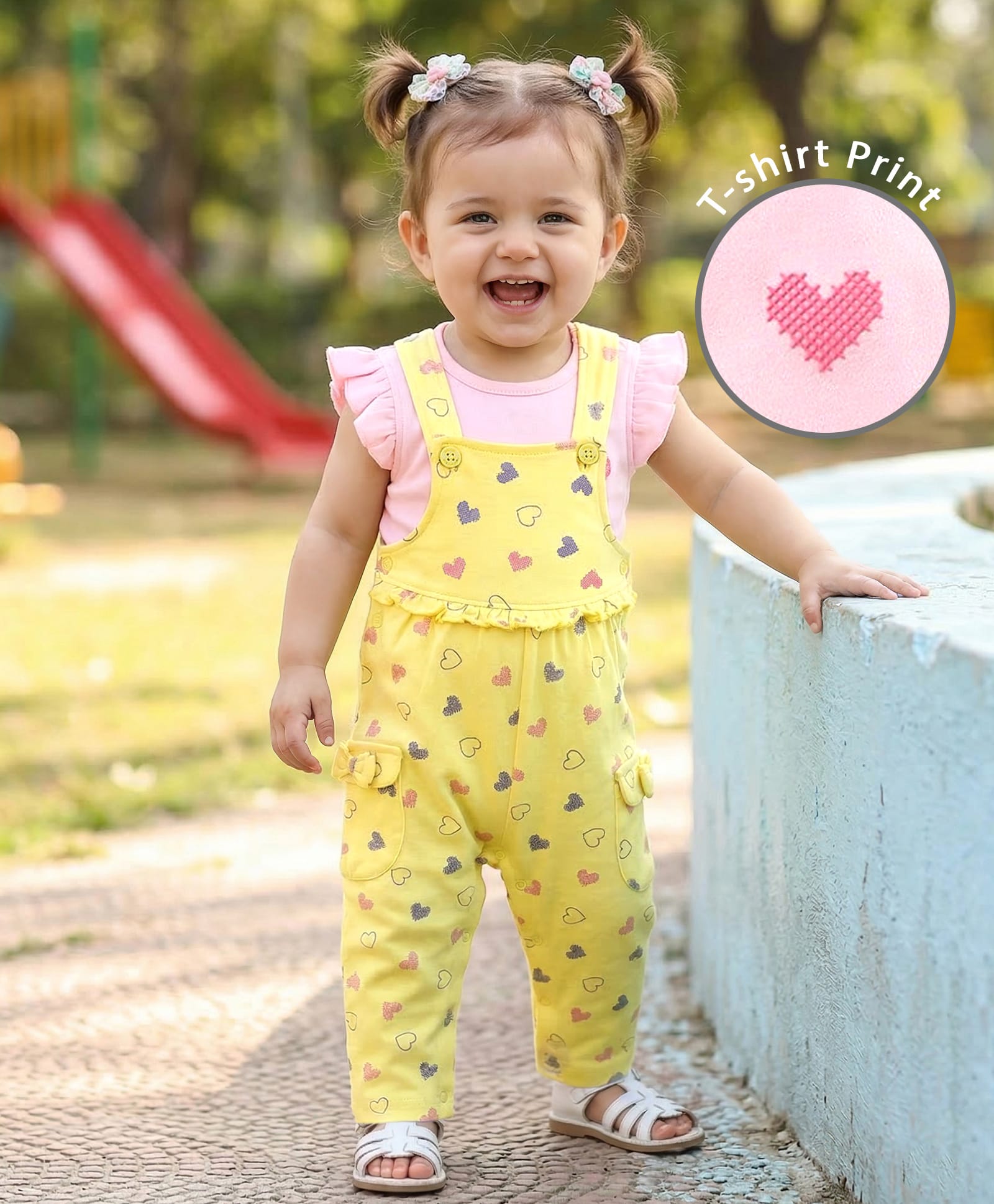 Babyoye Eco-Conscious Cotton With Eco Jiva Finish Short Sleeves Heart Print T-shirt and Dungaree Set - Pink  & Yellow-image-21
