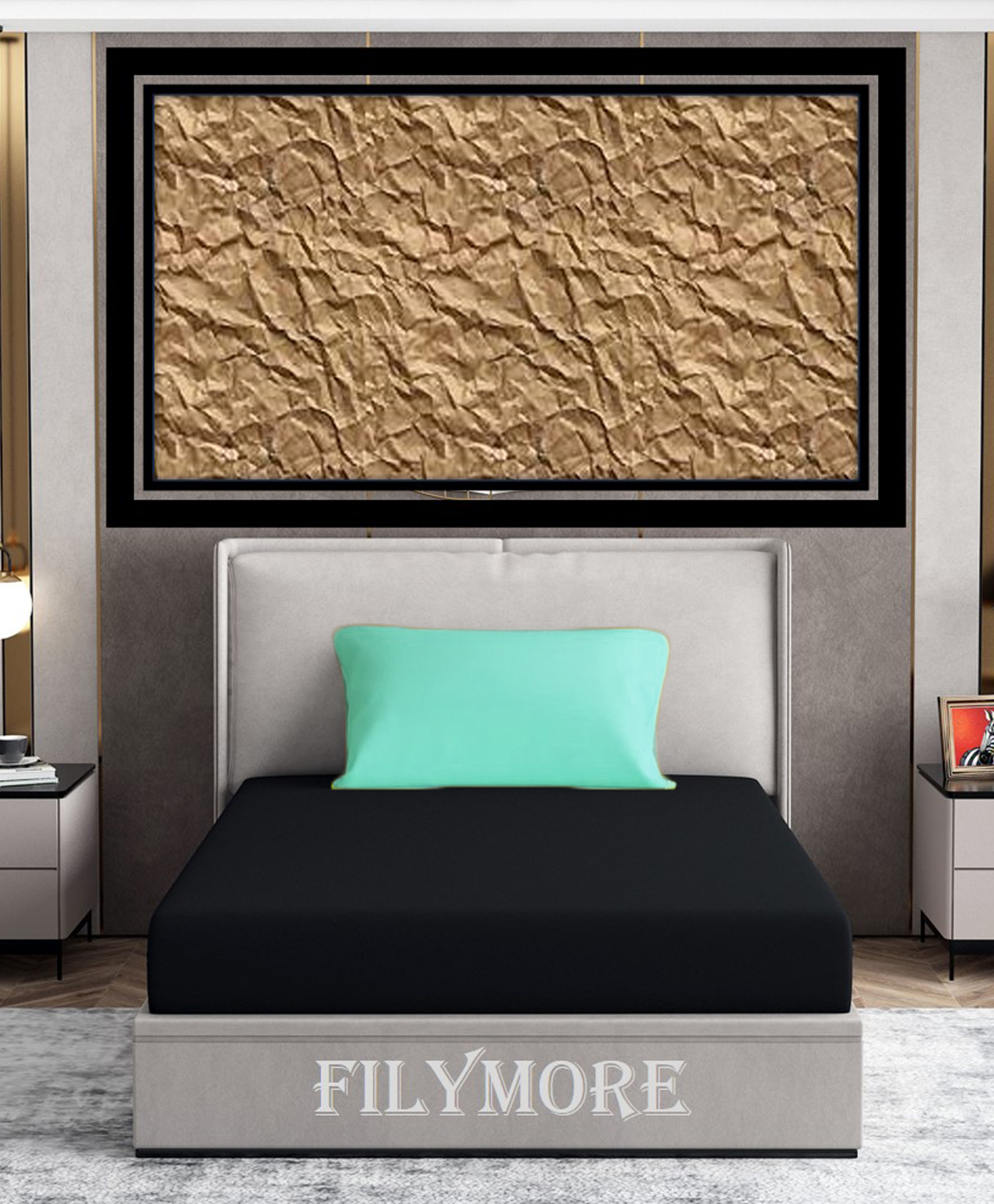 Filymore Plain Solid Single Bedsheet with Unique Colour Pattern Designer Bedsheet Made Of Pure Microfiber with 1 Pillow Cover - Black & Aqua-image-36