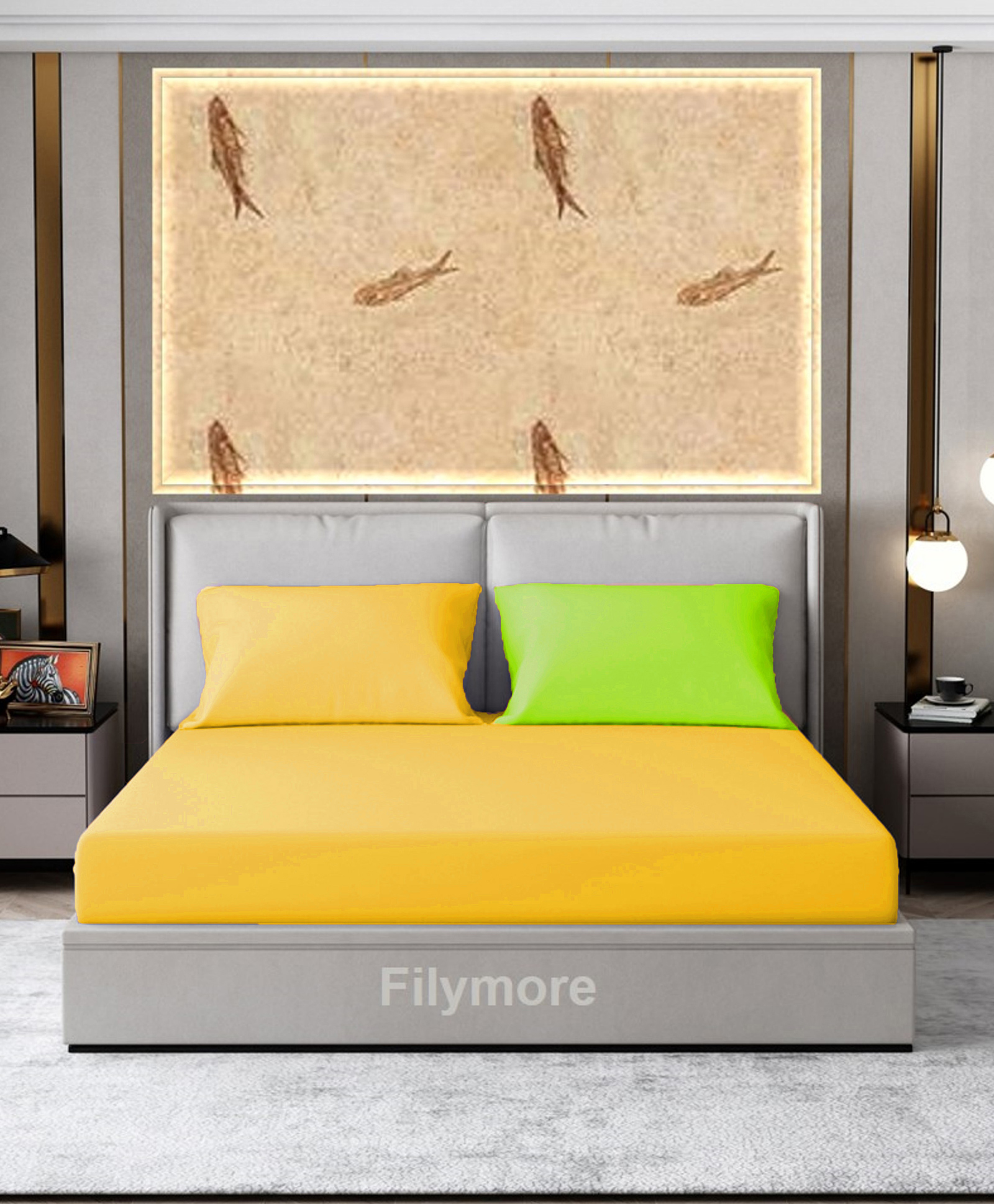 Filymore Plain Solid Double Bedsheet - Yellow & Green-picture-19