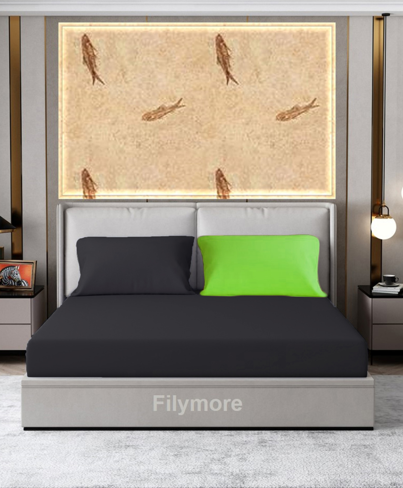 Filymore Plain Solid Double Bedsheet Made with Pure Microfiber with 2 Pillow Covers - Black & Green-picture-11