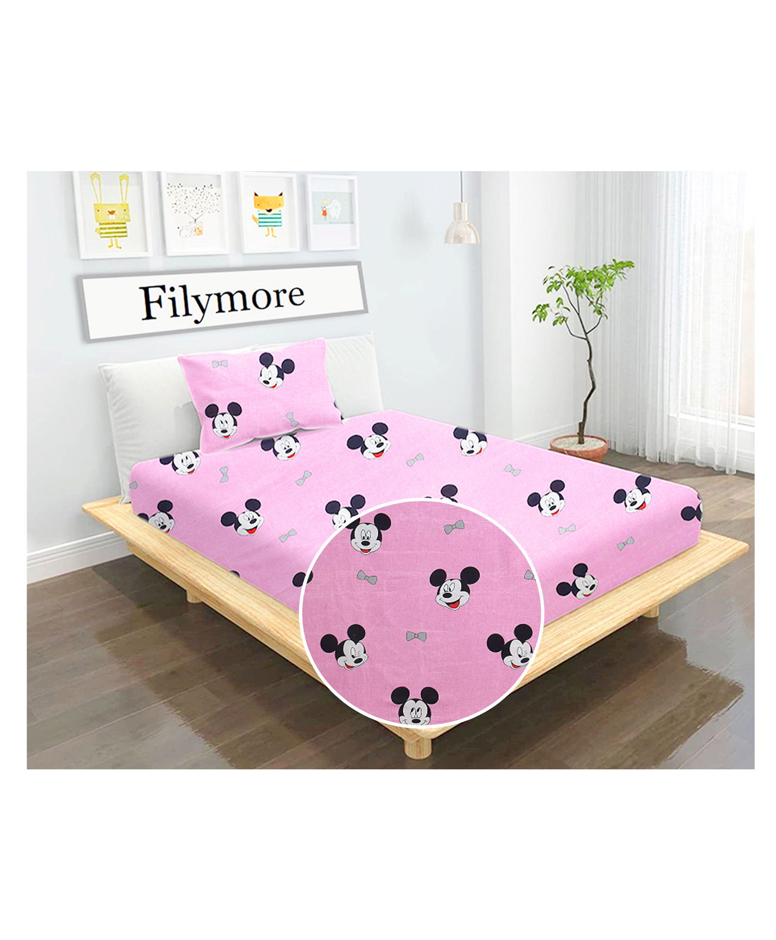 Filymore Mickey Mouse Single Bedsheet For Kids Designer Cartoon Printed Bedsheet and 1 Pillow Cover - Pink-image-36