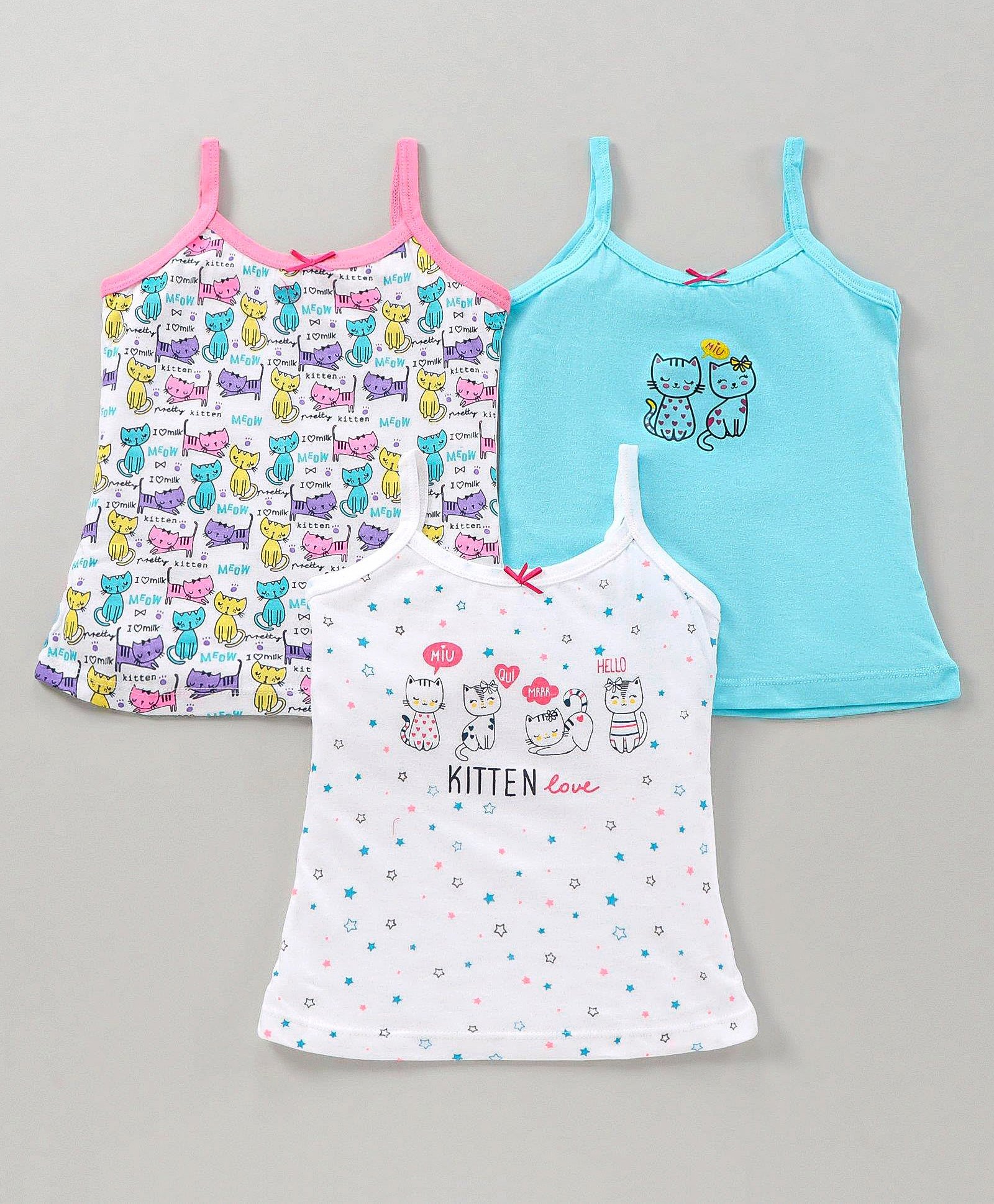 Bodycare Sleeveless Slips Kitty Print Pack of 3 - White & Sky Blue-image-14