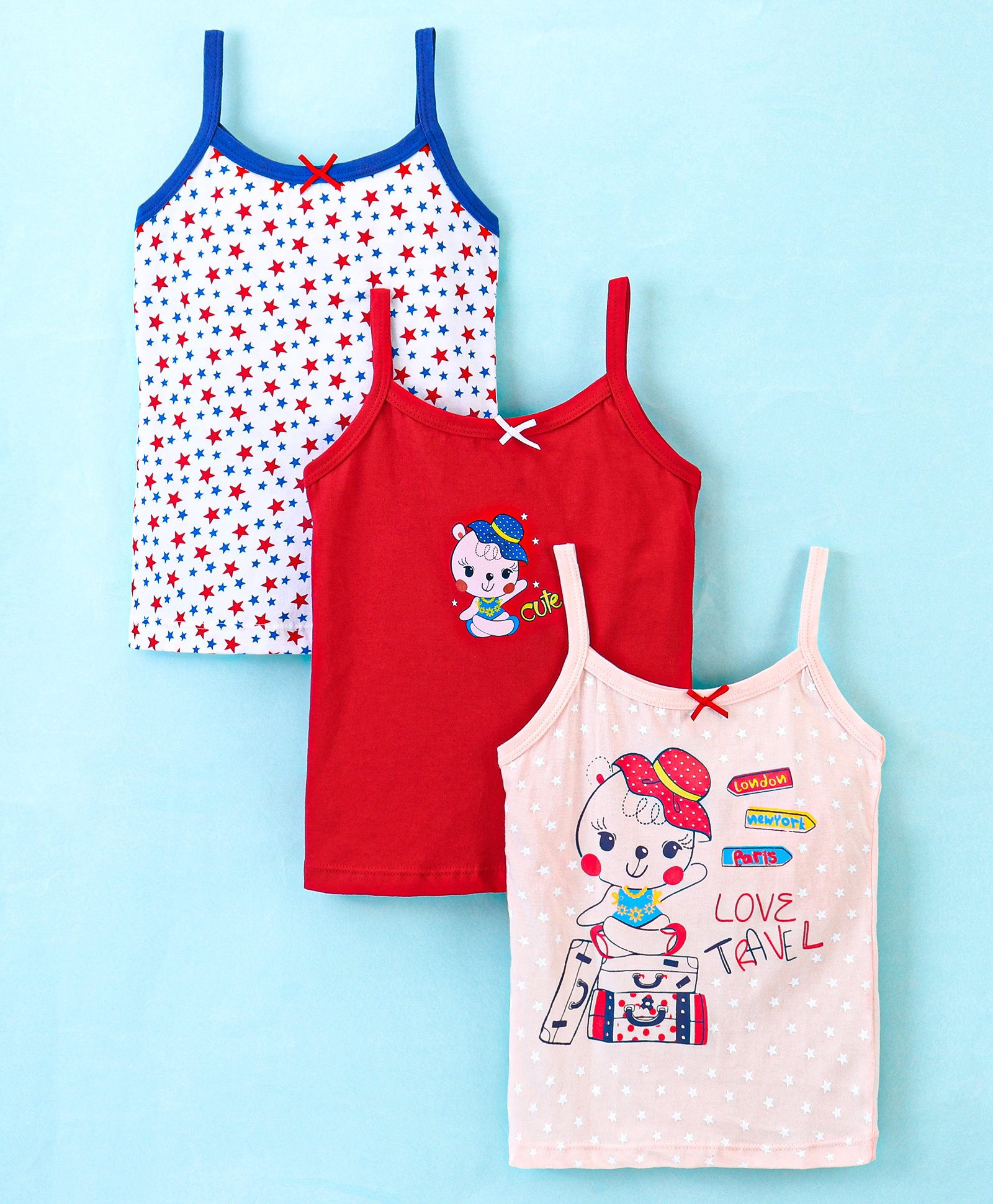 Bodycare Sleeveless Slips Kitty Print Pack of 3 - Peach White & Red-image-46