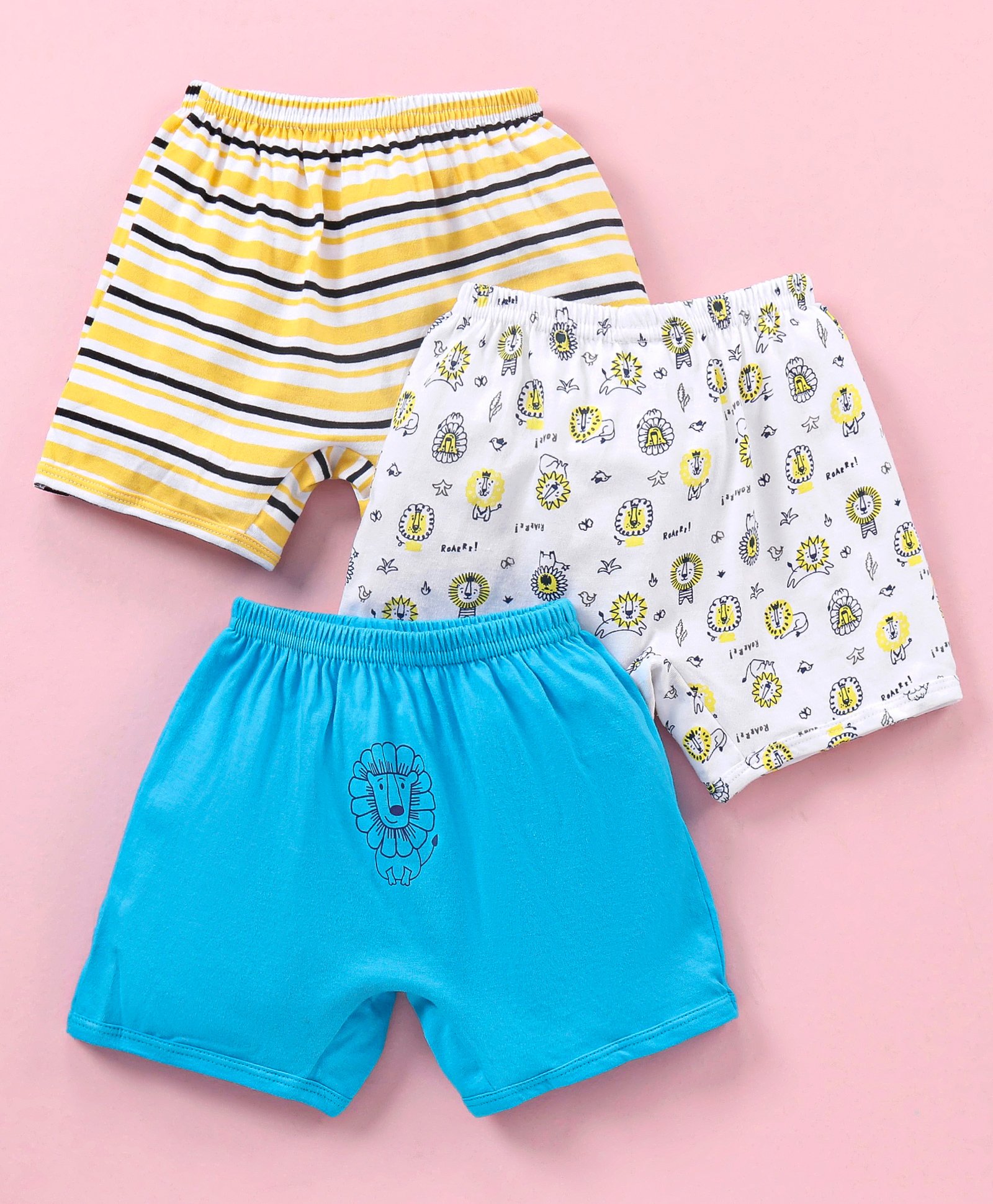 Bodycare Mid Thigh Cotton Knit Shorts Lion & Stripe Printed Pack of 3 - Blue & Yellow-image-18