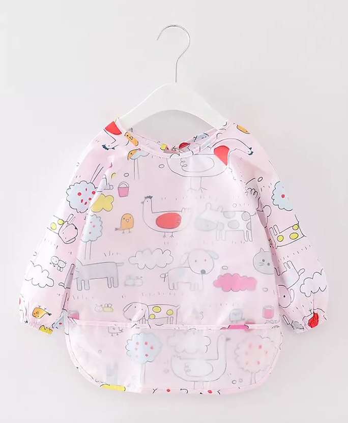 Thread Fairy Full Sleeves Washable Waterproof Baby Feeding Bibs Baby Bib Shirt with Pocket My Farm Small - Pink-picture-17