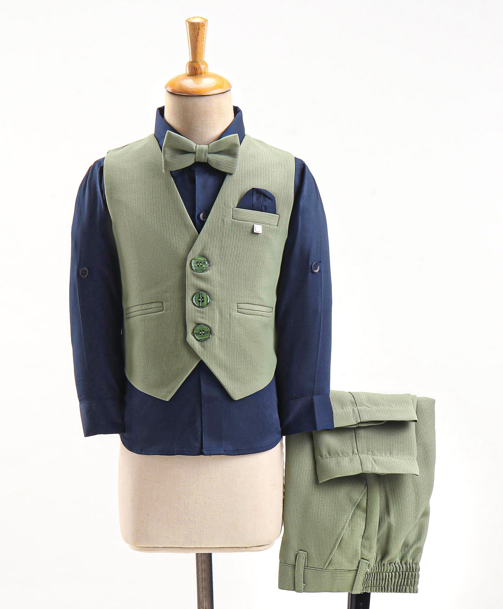 Robo Fry Cotton Lycra Full Sleeves Party Suit With Waistcoat & Bow Solid- Green & Blue (Brooch may vary)-picture-19