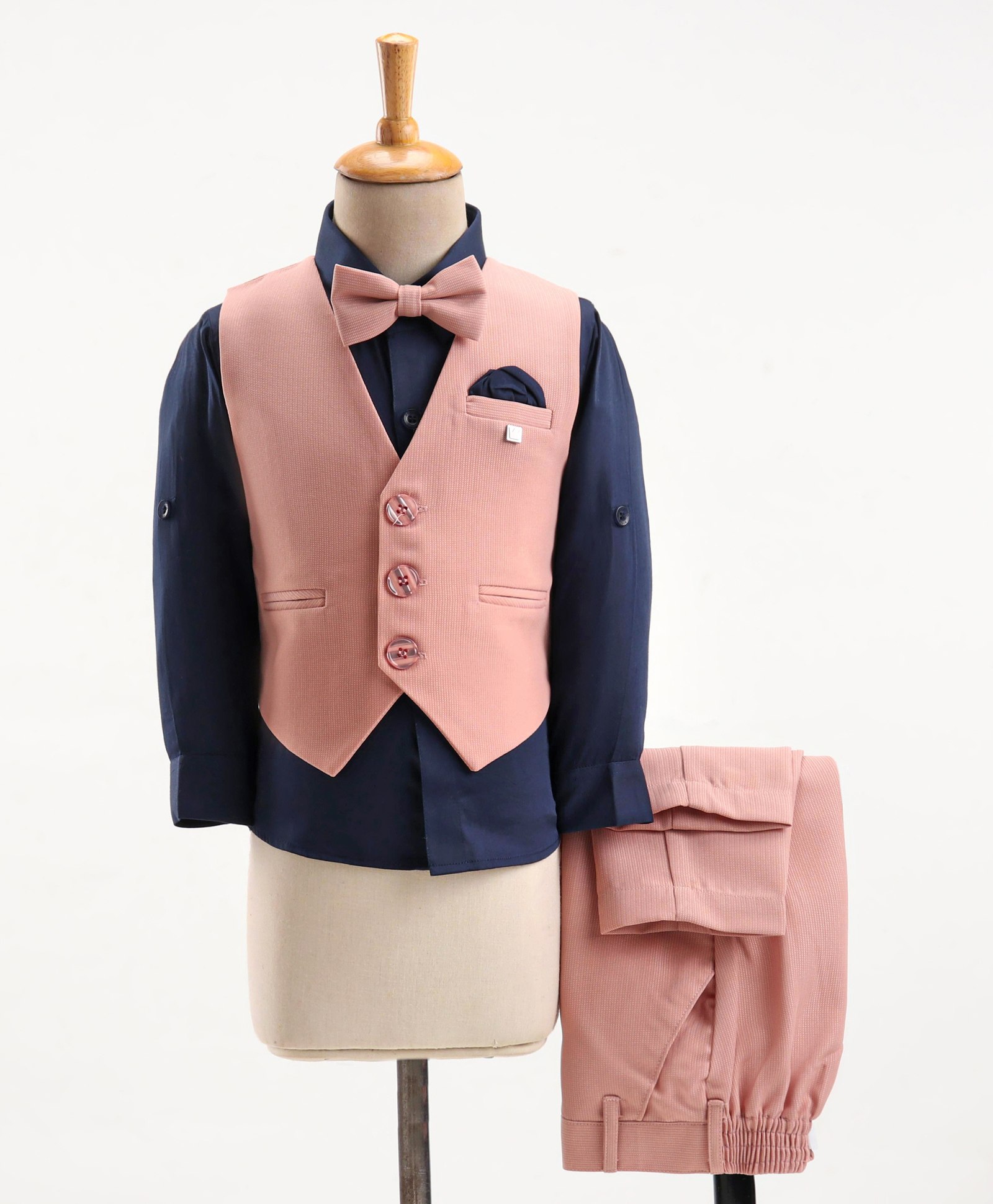 Robo Fry Cotton Lycra Full Sleeves Party Suit With Waistcoat & Bow Solid- Peach & Blue (Brooch may vary)-picture-31