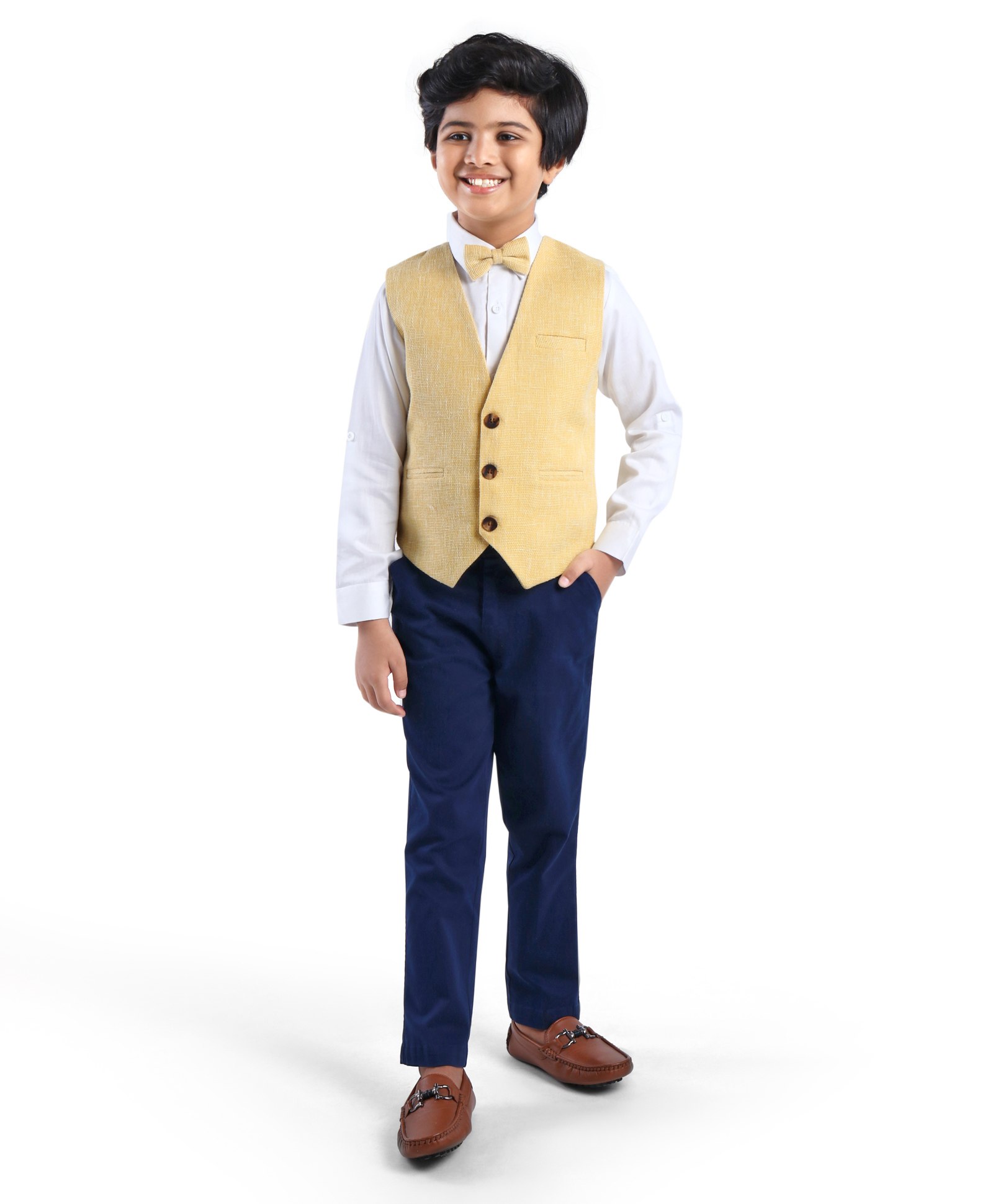 Robo Fry Cotton Full Sleeves Solid Party Suit With Waistcoat & Bow- Yellow-picture-16