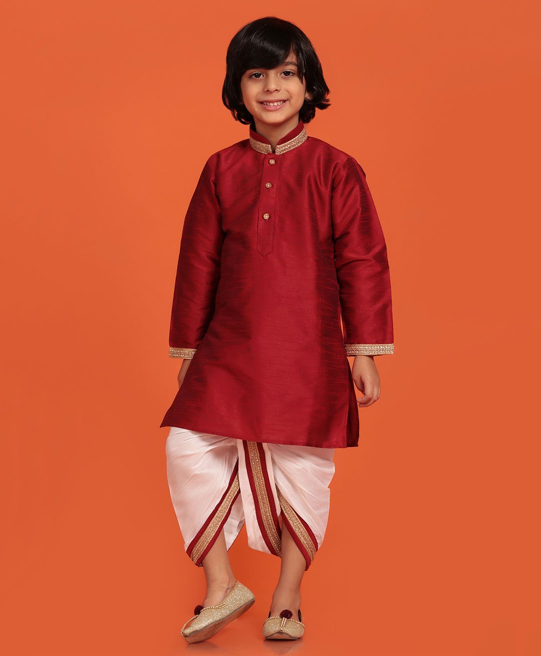 AJ Dezines Full Sleeves Gota Patti Lace Detailed Kurta With Coordinating Lace Embellished Dhoti - Maroon-picture-11