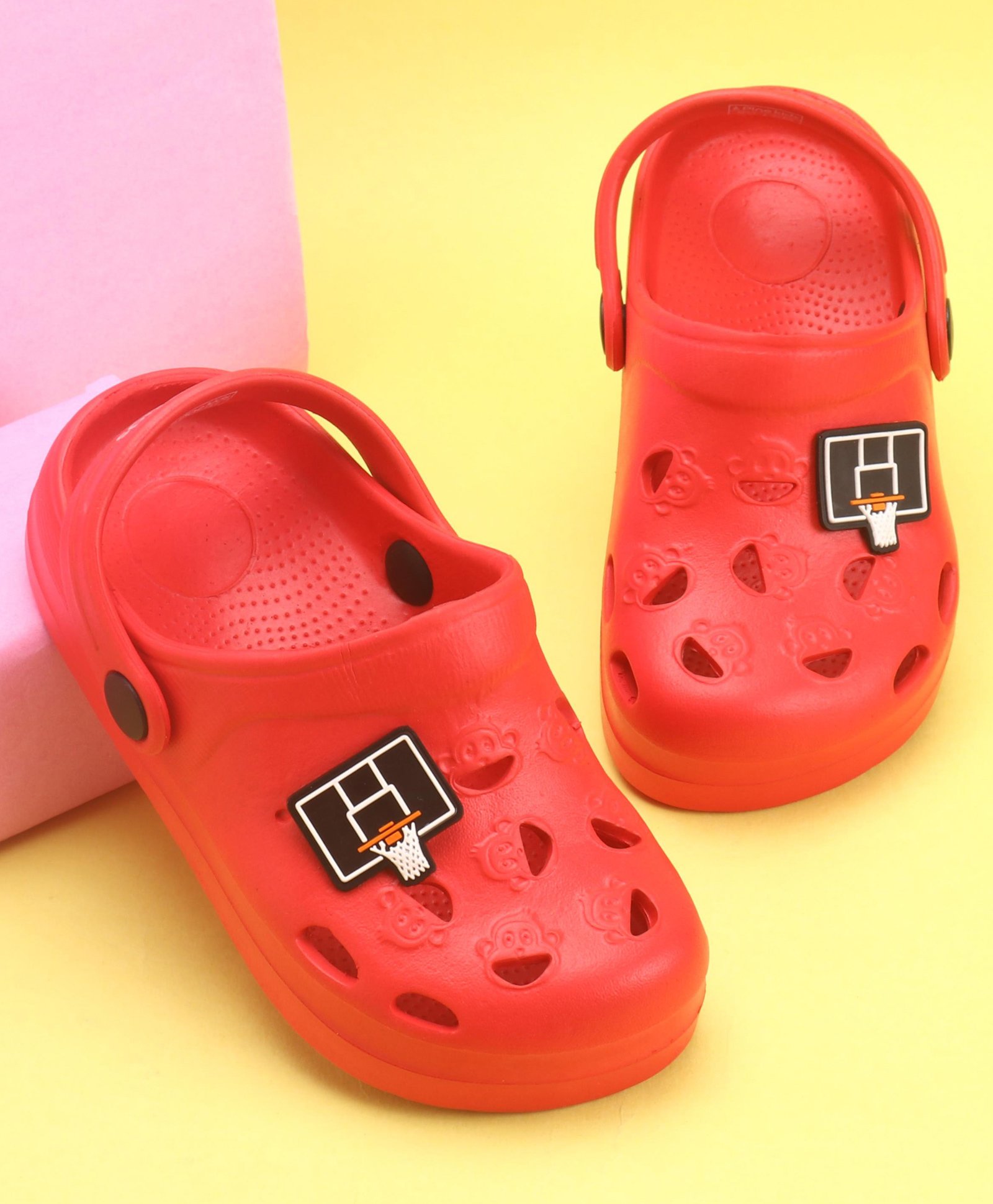 Pine Kids Clogs With Back Strap Basketball Applique- Red-image-42