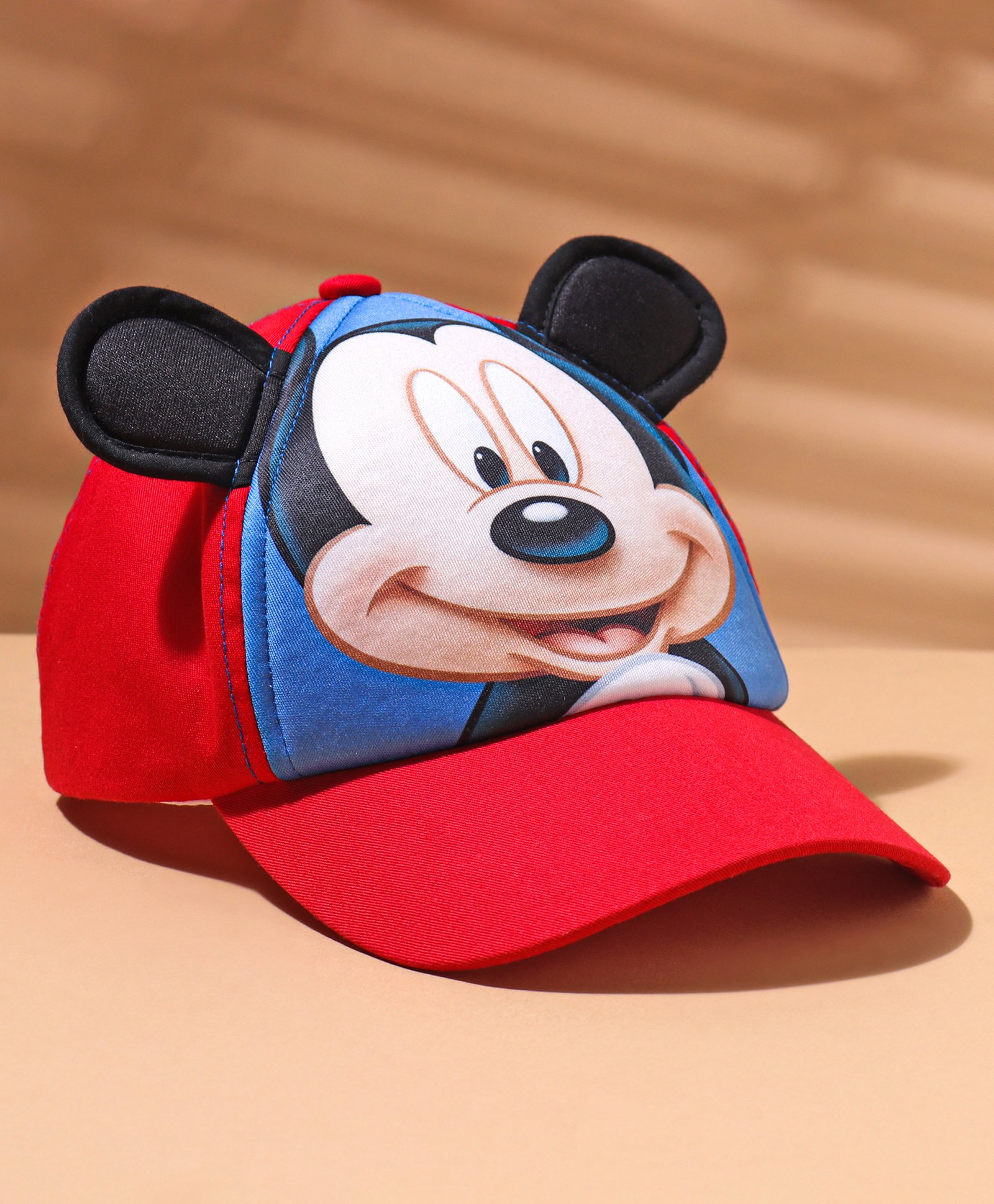 Babyhug Cotton Cap With Ear Applique Mickey Mouse Print- Red & Blue