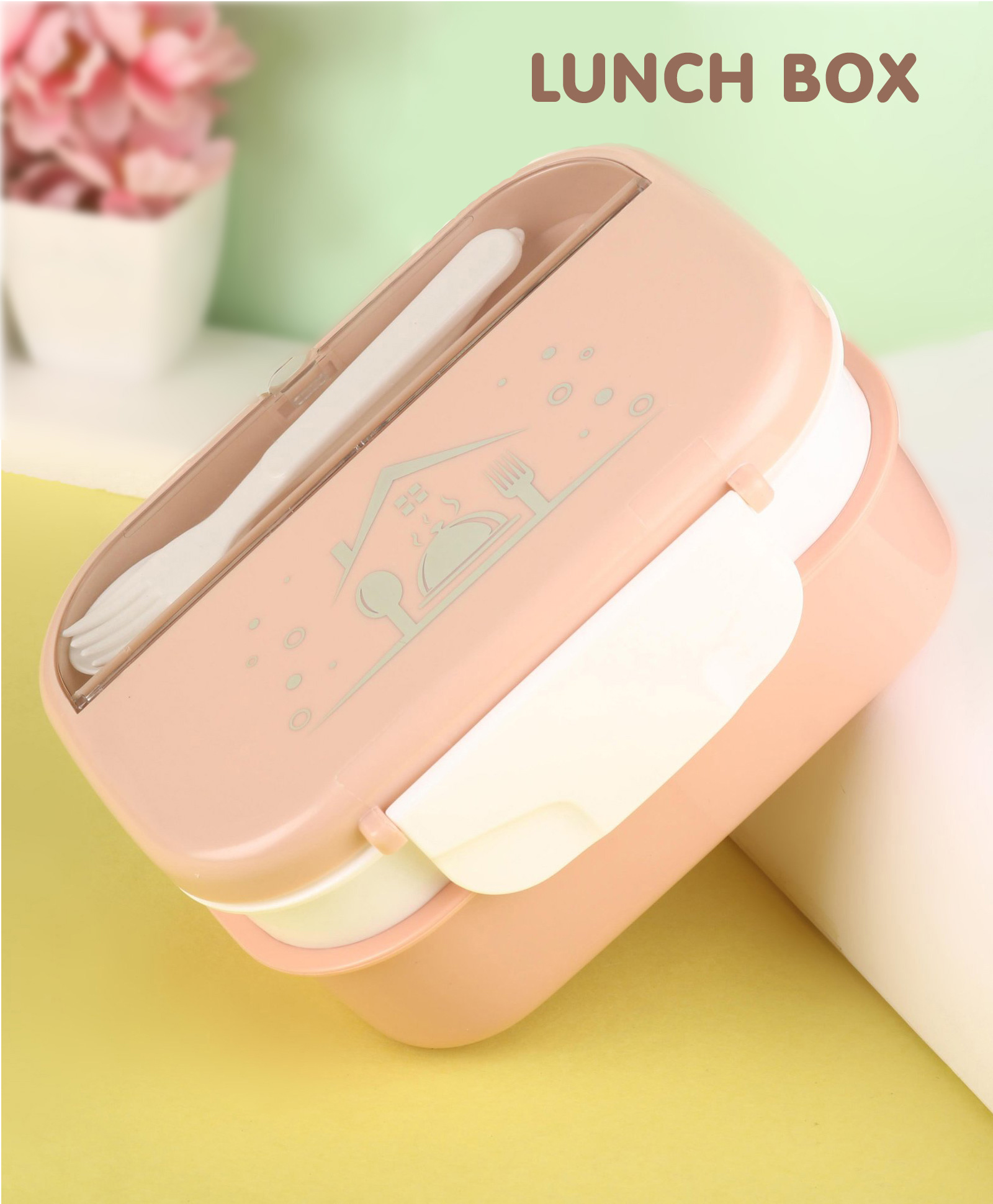 Multi Layerd Plastic Lunch Box with Fork & Spoon - Pink-image-26