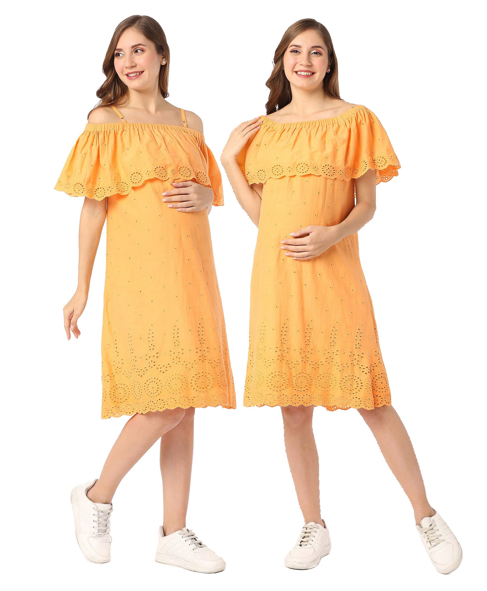 Bella Mama Cotton Woven Schiffli Overlap Off Shoulder Summer Dress With Adjustable Strap - Peach-image-46
